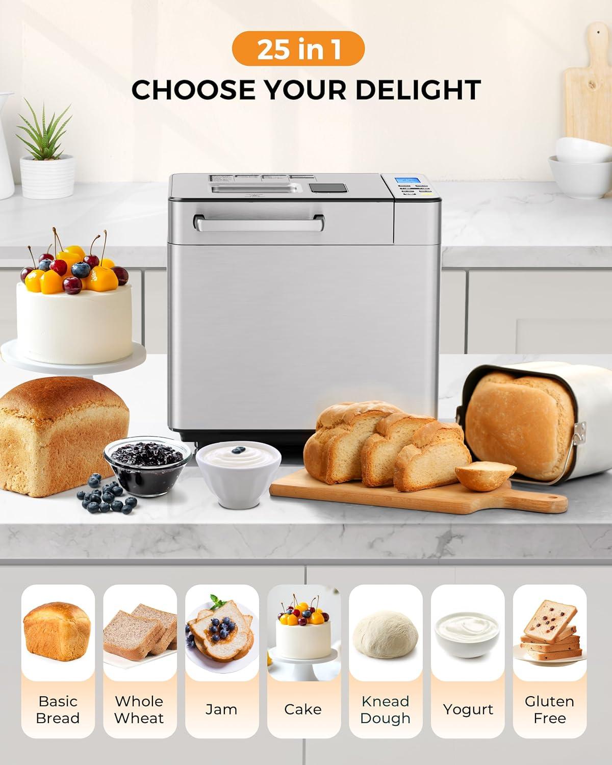 imageEUHOMY Bread Maker Machine 2LB Bread Maker for 3 Loaf Sizes ampamp 3 Crust Colors  Ideal for Family Gifts Breadmaker with Stainless Steel and Fruit ampamp Nut Dispenser Gluten FreeBread Maker 25 Programs