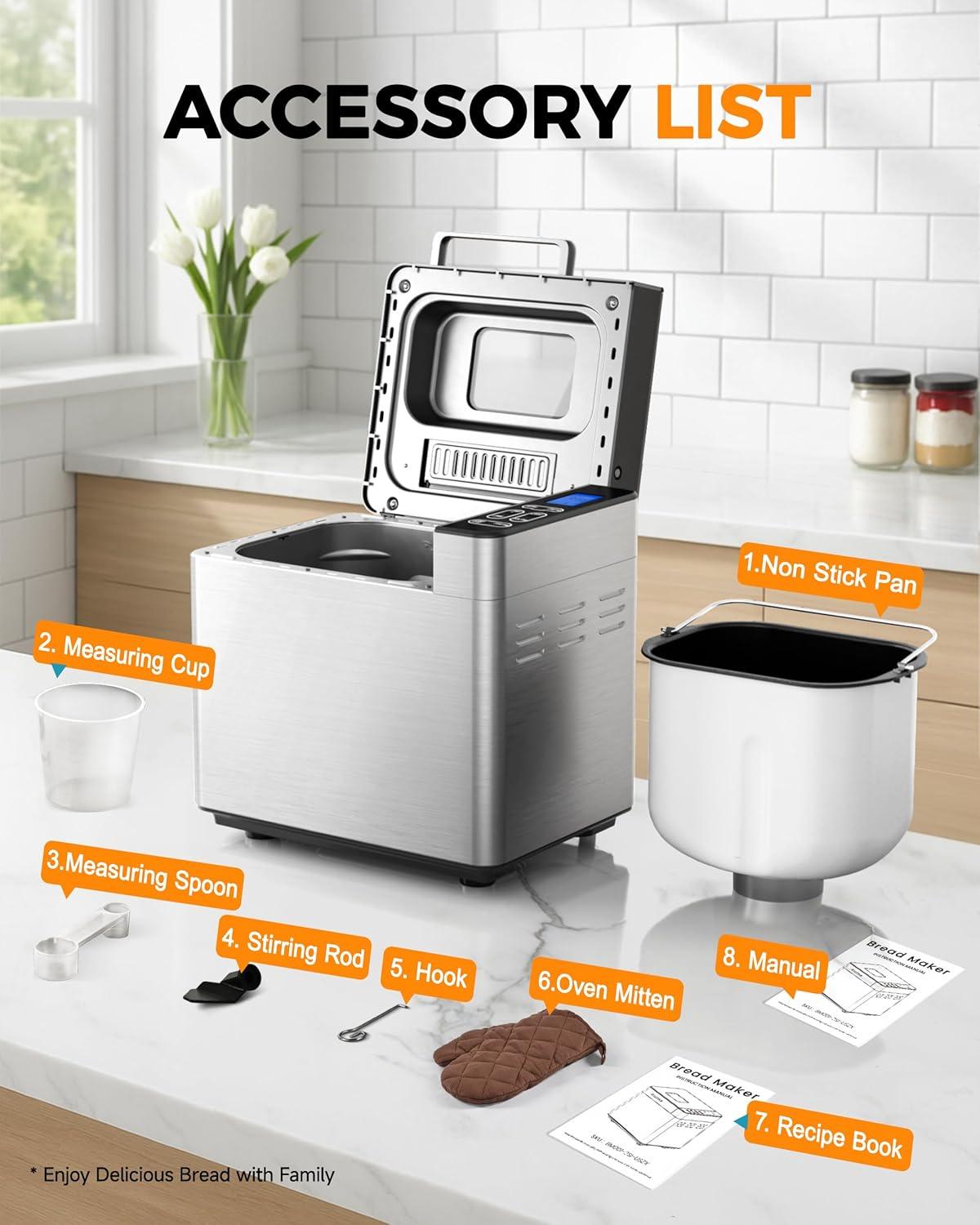 imageEUHOMY Bread Maker Machine 2LB Bread Maker for 3 Loaf Sizes ampamp 3 Crust Colors  Ideal for Family Gifts Breadmaker with Stainless Steel and Fruit ampamp Nut Dispenser Gluten FreeNEW Bread Maker 13 Programs