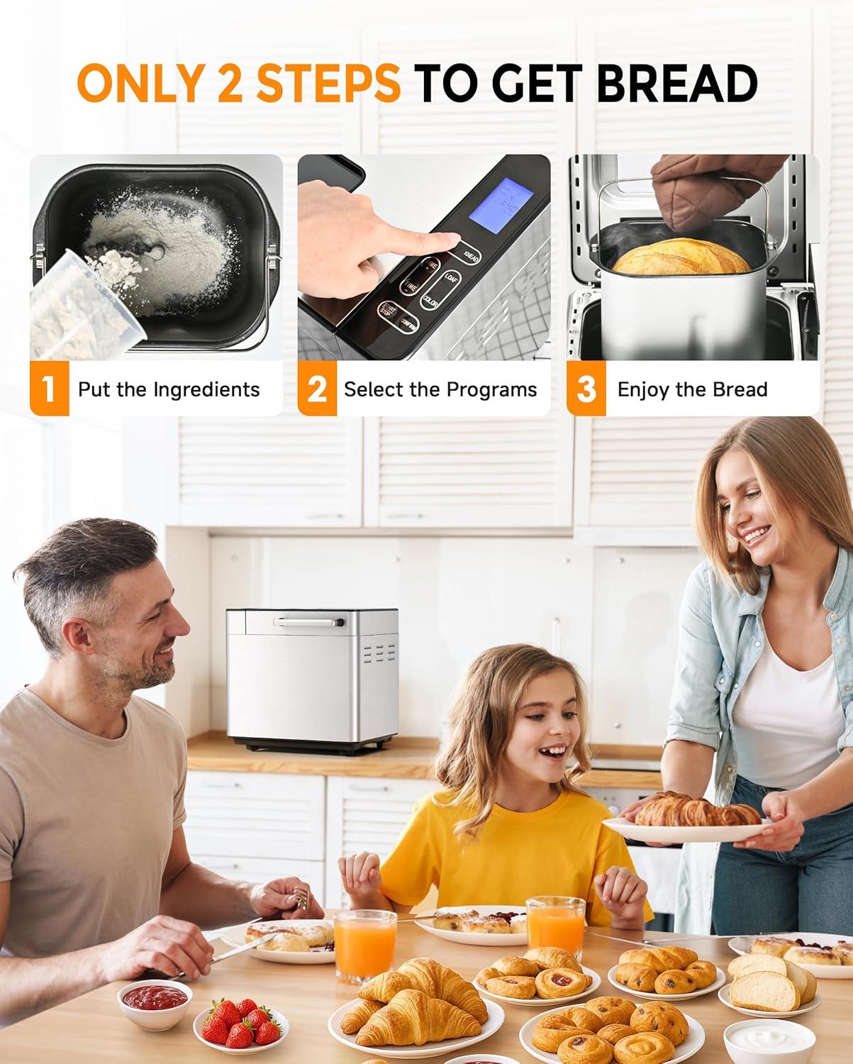 imageEUHOMY Bread Maker Machine 2LB Bread Maker for 3 Loaf Sizes ampamp 3 Crust Colors  Ideal for Family Gifts Breadmaker with Stainless Steel and Fruit ampamp Nut Dispenser Gluten FreeNEW Bread Maker 13 Programs
