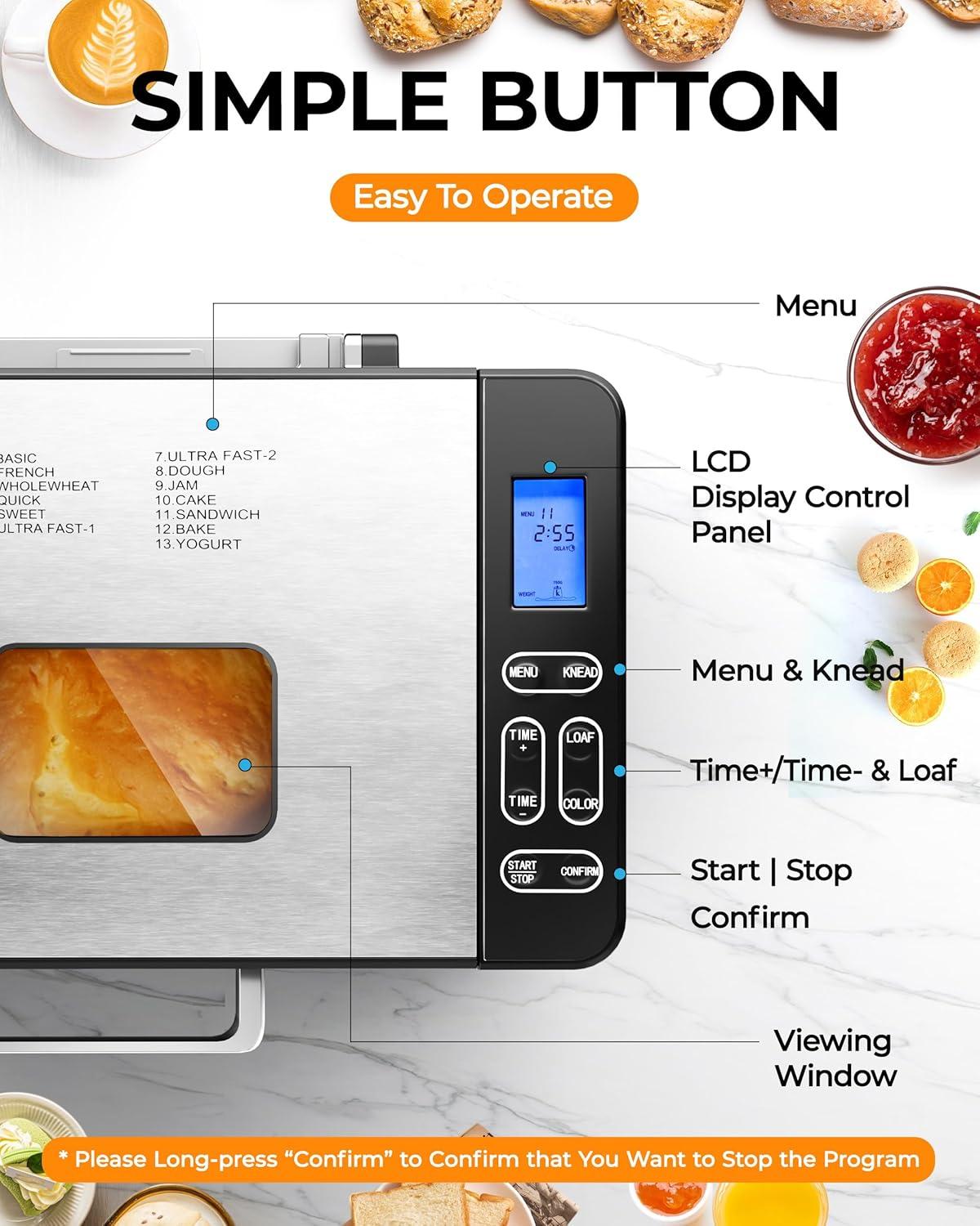 imageEUHOMY Bread Maker Machine 2LB Bread Maker for 3 Loaf Sizes ampamp 3 Crust Colors  Ideal for Family Gifts Breadmaker with Stainless Steel and Fruit ampamp Nut Dispenser Gluten FreeBread Maker 13 Programs