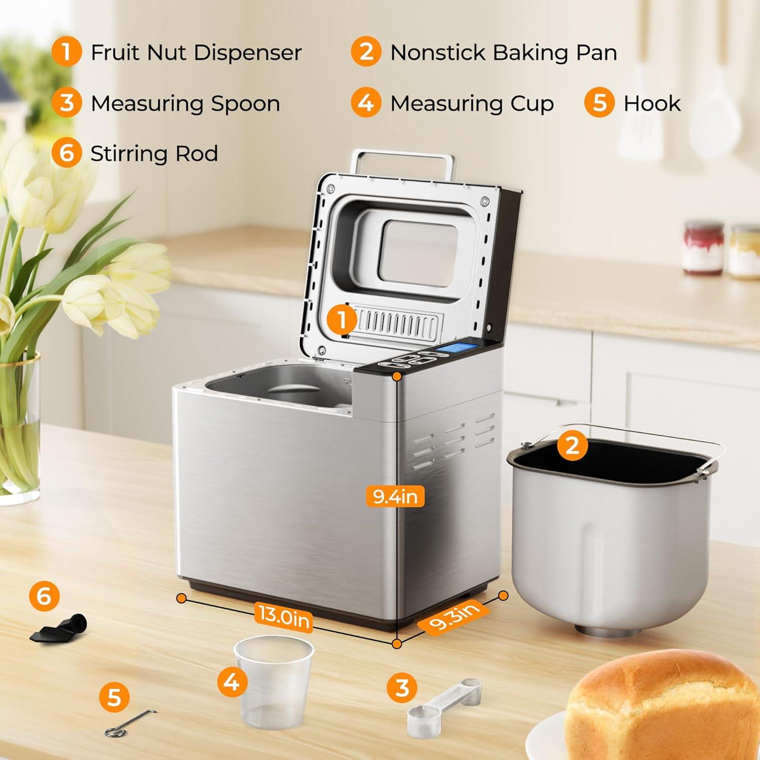 imageEUHOMY Bread Maker Machine 2LB Bread Maker for 3 Loaf Sizes ampamp 3 Crust Colors  Ideal for Family Gifts Breadmaker with Stainless Steel and Fruit ampamp Nut Dispenser Gluten FreeBread Maker 13 Programs