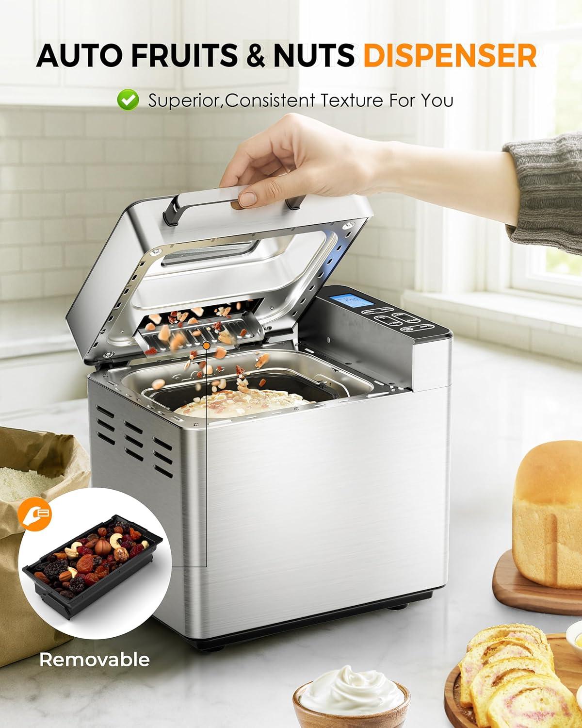 imageEUHOMY Bread Maker Machine 2LB Bread Maker for 3 Loaf Sizes ampamp 3 Crust Colors  Ideal for Family Gifts Breadmaker with Stainless Steel and Fruit ampamp Nut Dispenser Gluten FreeBread Maker 13 Programs