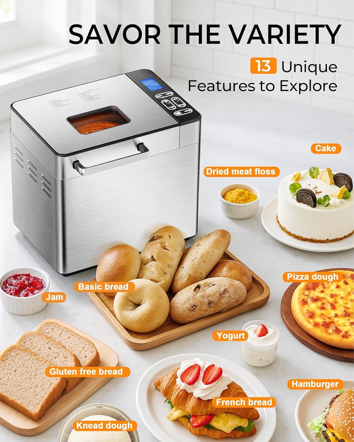 imageEUHOMY Bread Maker Machine 2LB Bread Maker for 3 Loaf Sizes ampamp 3 Crust Colors  Ideal for Family Gifts Breadmaker with Stainless Steel and Fruit ampamp Nut Dispenser Gluten FreeNEW Bread Maker 13 Programs