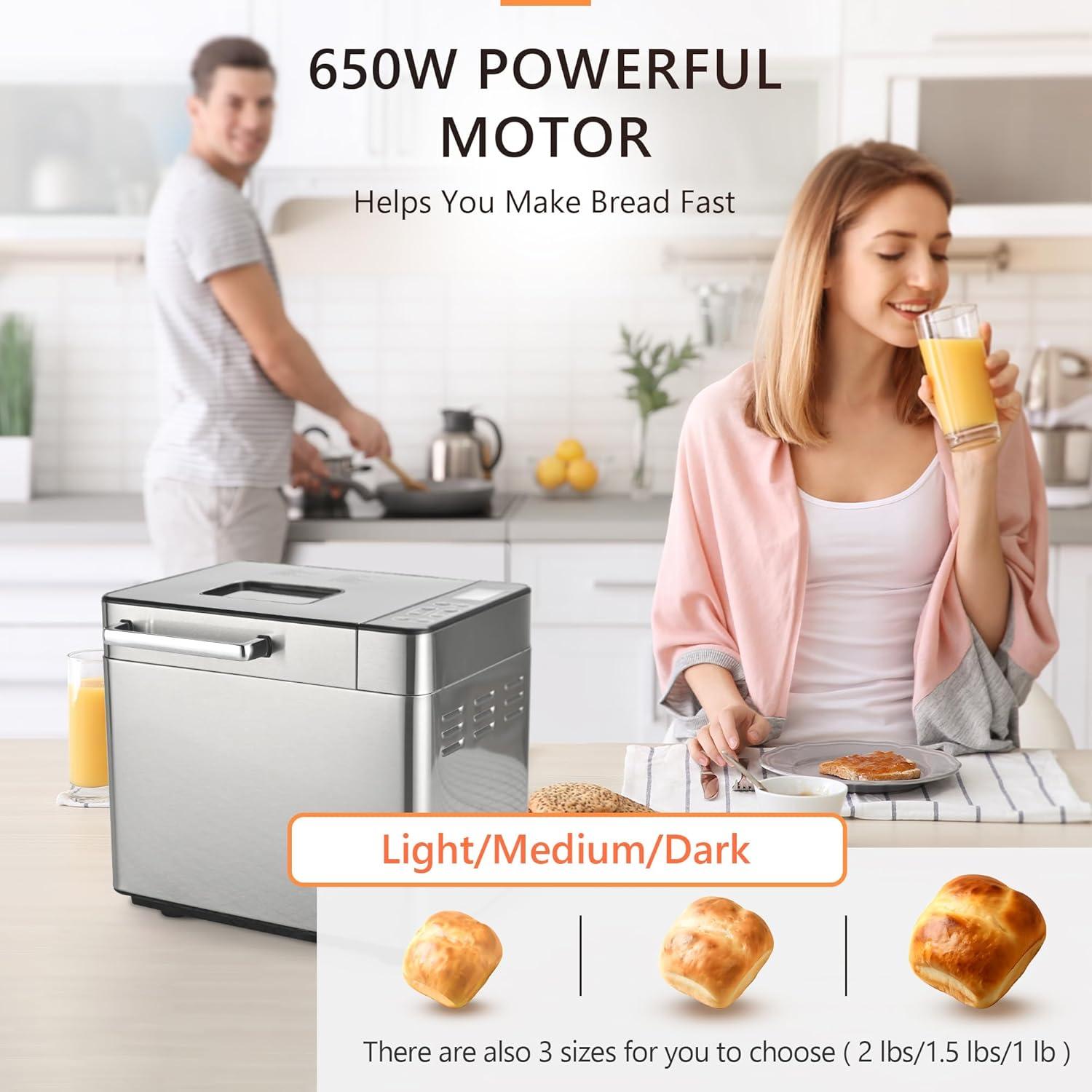 imageEUHOMY Bread Maker Machine 2LB Bread Maker for 3 Loaf Sizes ampamp 3 Crust Colors  Ideal for Family Gifts Breadmaker with Stainless Steel and Fruit ampamp Nut Dispenser Gluten FreeBread Maker
