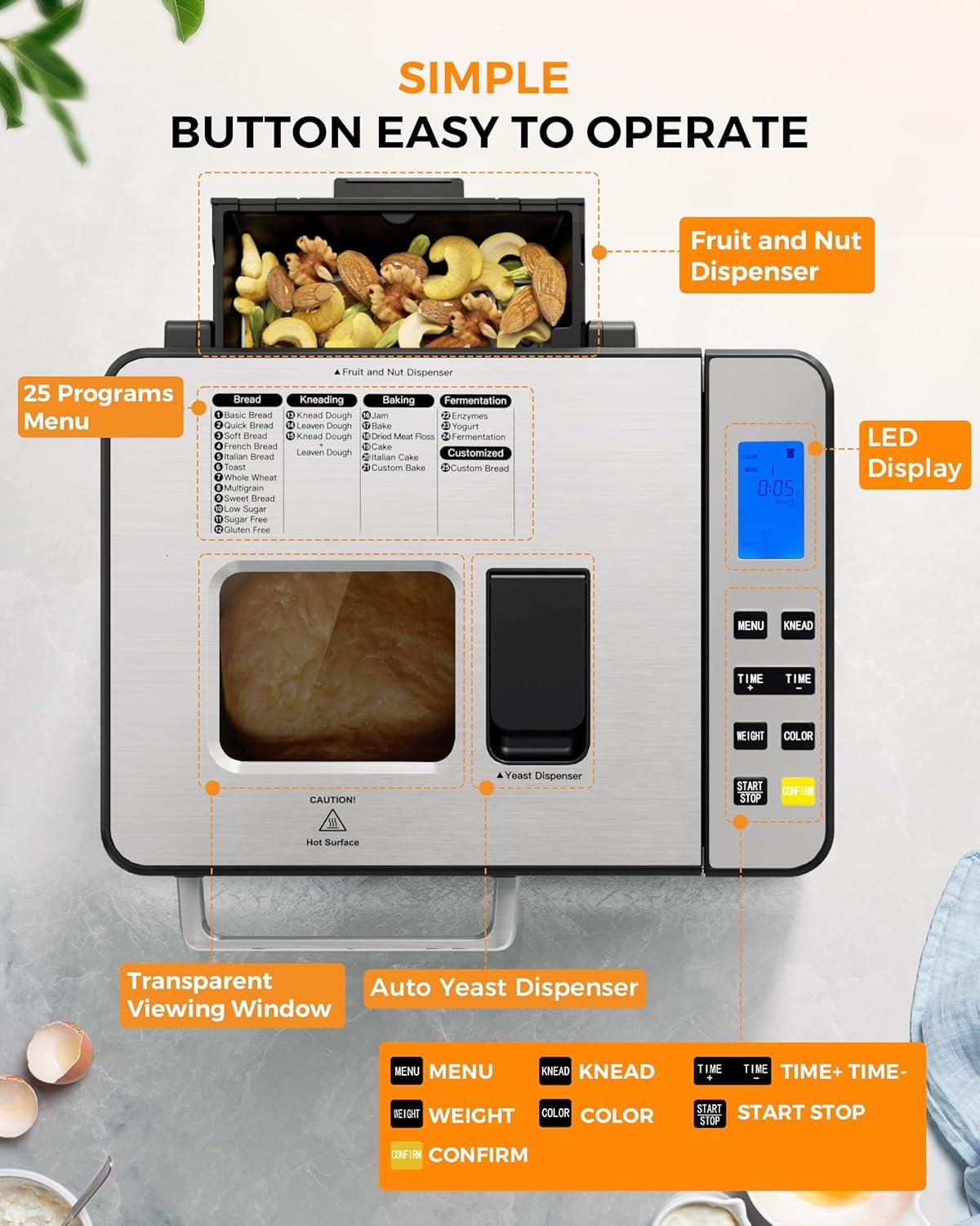 imageEUHOMY Bread Maker Machine 2LB Bread Maker for 3 Loaf Sizes ampamp 3 Crust Colors  Ideal for Family Gifts Breadmaker with Stainless Steel and Fruit ampamp Nut Dispenser Gluten FreeBread Maker 25 Programs