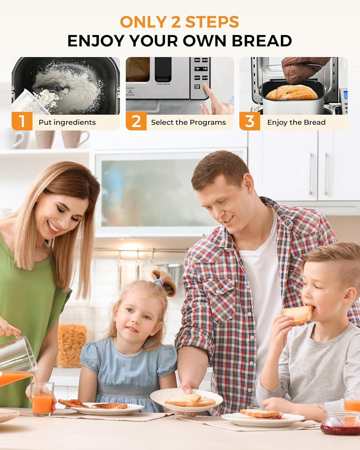 imageEUHOMY Bread Maker Machine 2LB Bread Maker for 3 Loaf Sizes ampamp 3 Crust Colors  Ideal for Family Gifts Breadmaker with Stainless Steel and Fruit ampamp Nut Dispenser Gluten FreeBread Maker 25 Programs