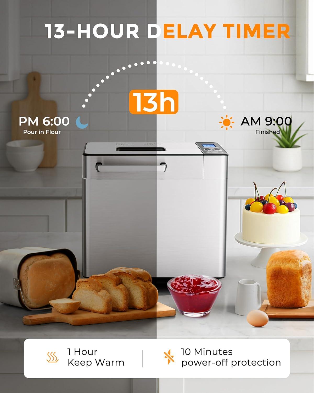 imageEUHOMY Bread Maker Machine 2LB Bread Maker for 3 Loaf Sizes ampamp 3 Crust Colors  Ideal for Family Gifts Breadmaker with Stainless Steel and Fruit ampamp Nut Dispenser Gluten FreeBread Maker 13 Programs