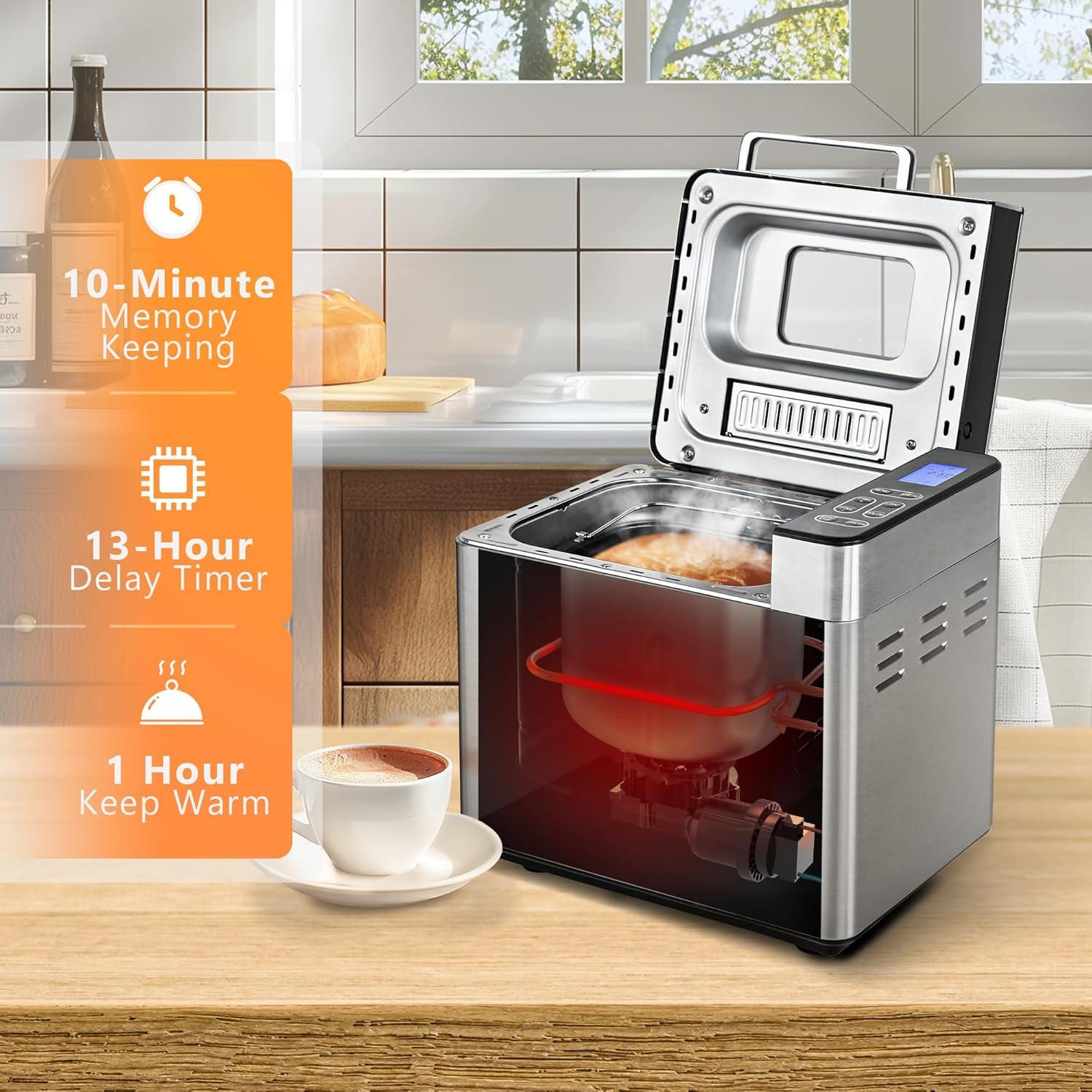 imageEUHOMY Bread Maker Machine 2LB Bread Maker for 3 Loaf Sizes ampamp 3 Crust Colors  Ideal for Family Gifts Breadmaker with Stainless Steel and Fruit ampamp Nut Dispenser Gluten FreeBread Maker