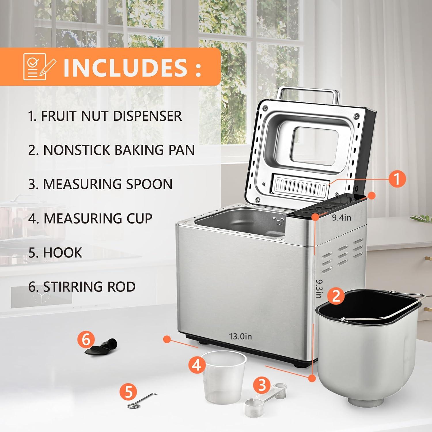 imageEUHOMY Bread Maker Machine 2LB Bread Maker for 3 Loaf Sizes ampamp 3 Crust Colors  Ideal for Family Gifts Breadmaker with Stainless Steel and Fruit ampamp Nut Dispenser Gluten FreeBread Maker