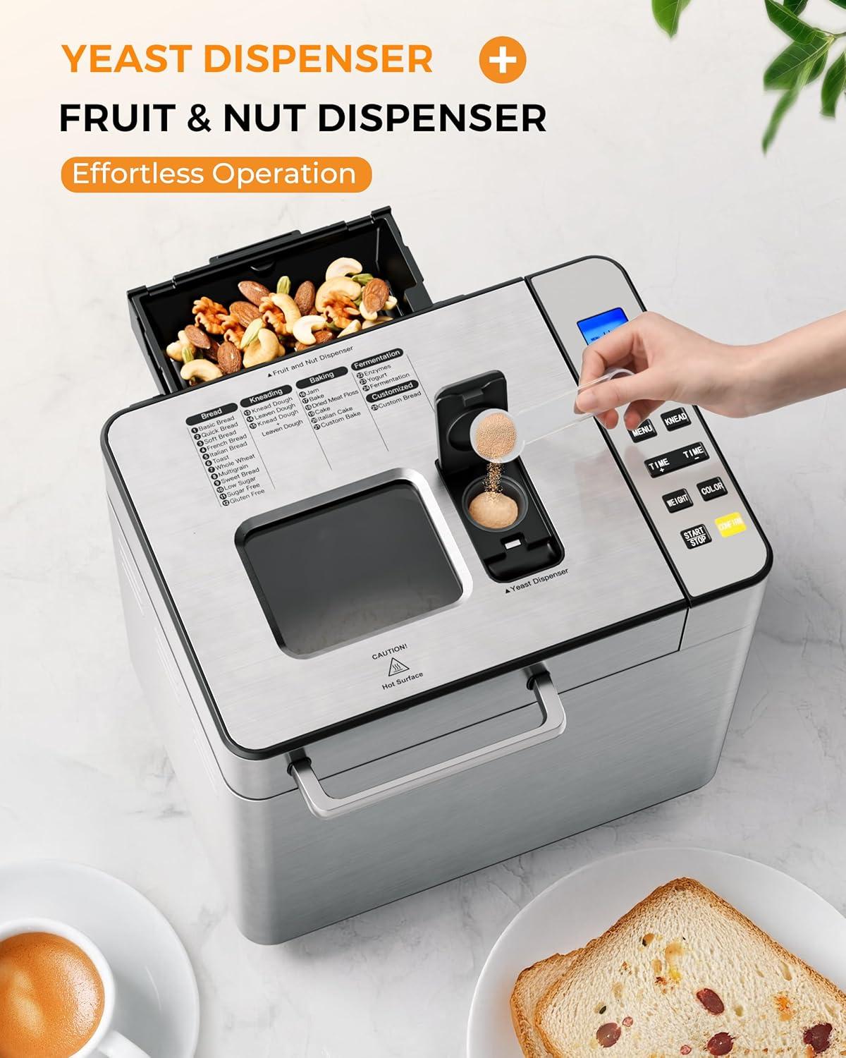 imageEUHOMY Bread Maker Machine 2LB Bread Maker for 3 Loaf Sizes ampamp 3 Crust Colors  Ideal for Family Gifts Breadmaker with Stainless Steel and Fruit ampamp Nut Dispenser Gluten FreeBread Maker 25 Programs