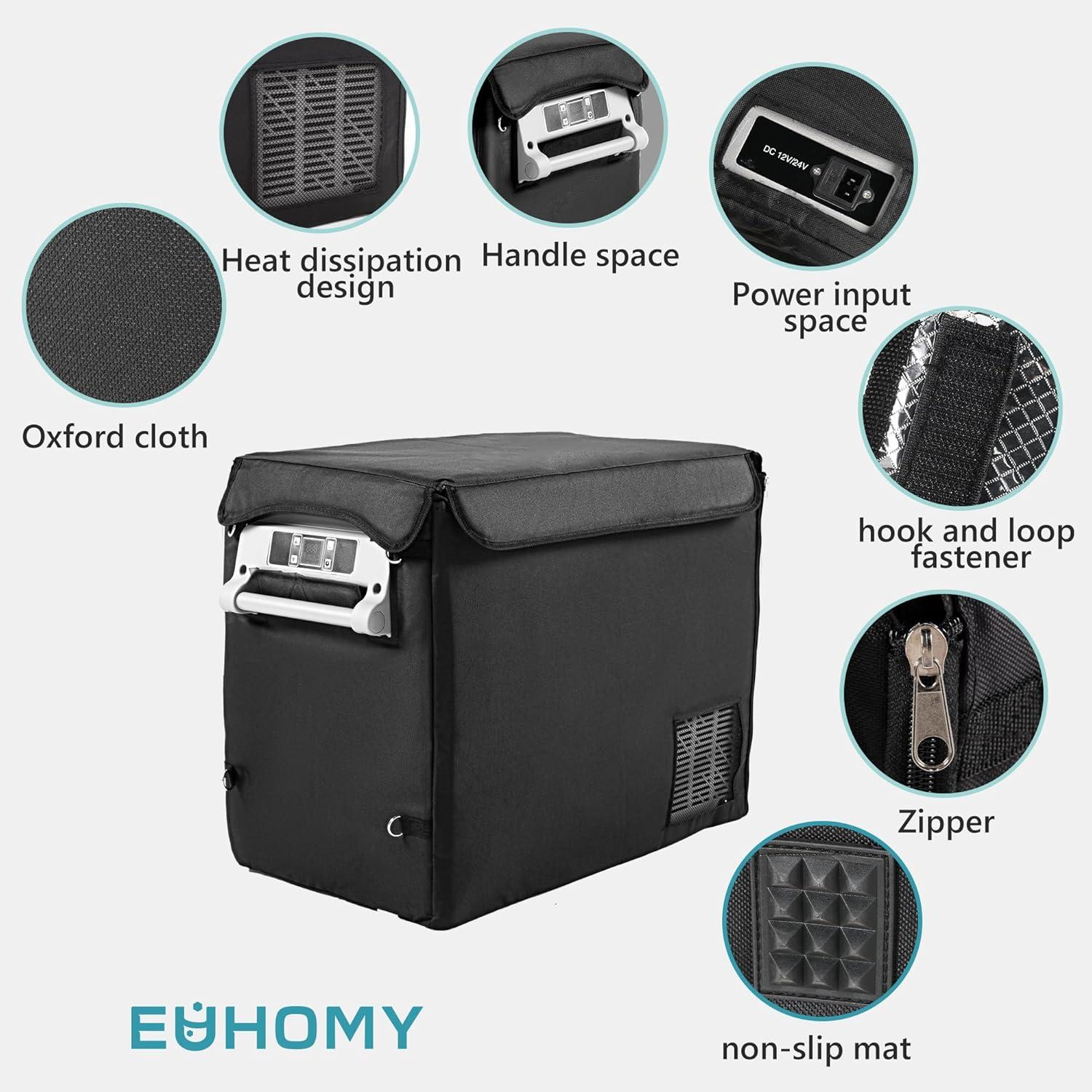 imageEUHOMY CF55 Insulated Protective Cover 59 Quart Car Refrigerator Insulated Transit Bag 12 Volt Portable Refrigerator Cover 59QT Car Fridge Freezer BlackRefrigerator