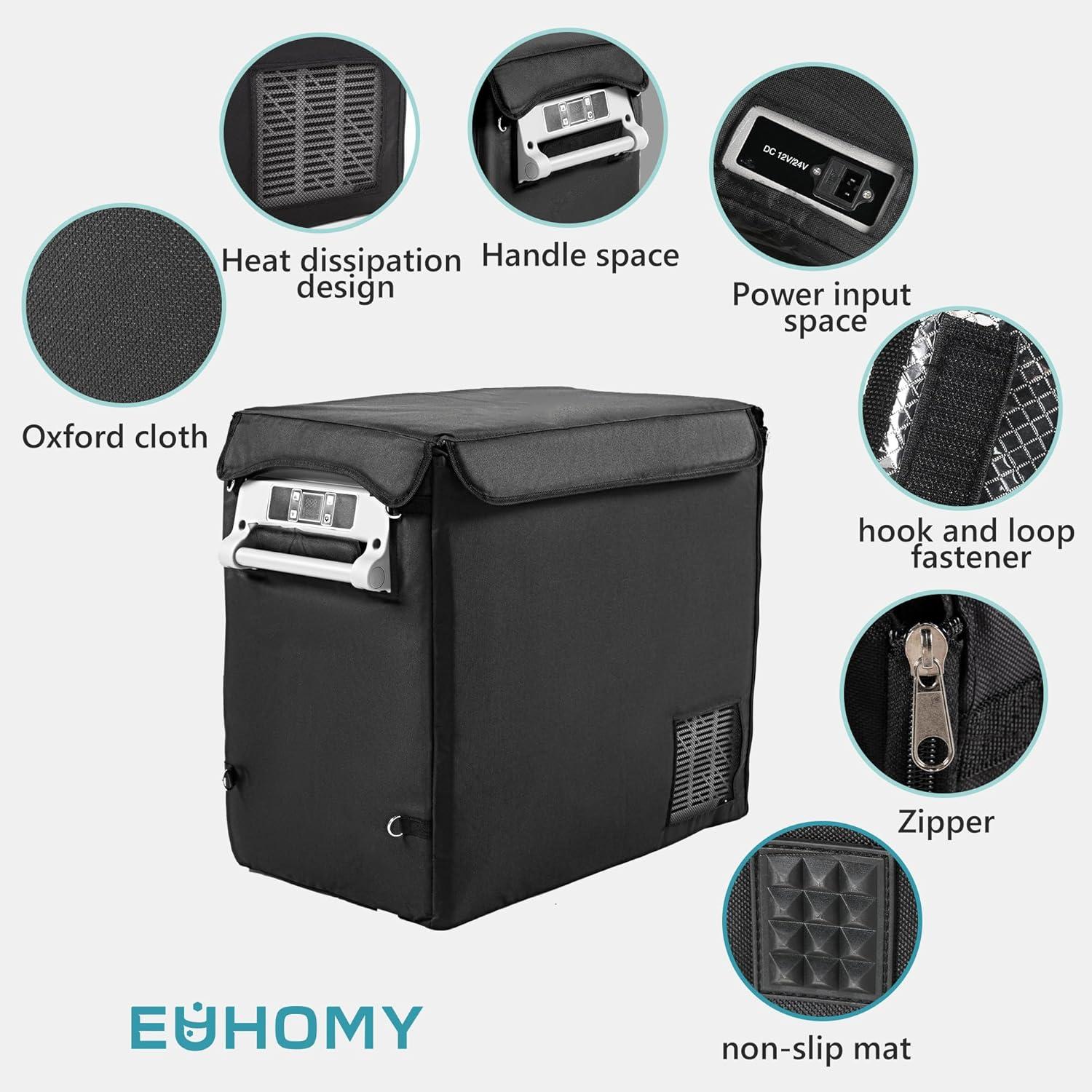 imageEUHOMY CF55 Insulated Protective Cover 59 Quart Car Refrigerator Insulated Transit Bag 12 Volt Portable Refrigerator Cover 59QT Car Fridge Freezer BlackRefrigerator