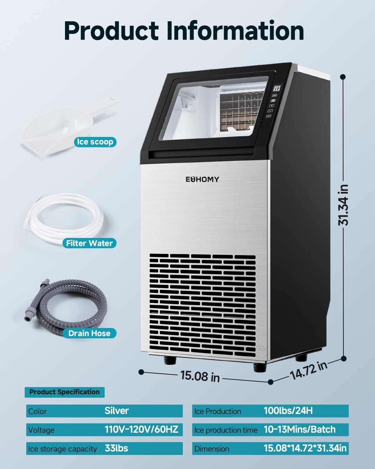 imageEUHOMY Commercial Ice Maker Machine100lbs24H Stainless Steel Under Counter Ice Machine with 33lbs Storage Bin Freestanding Ice Maker for HomeBarCafeRestaurant100lbsday