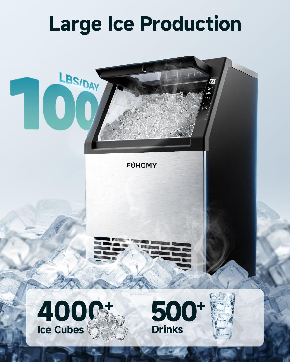 imageEUHOMY Commercial Ice Maker Machine100lbs24H Stainless Steel Under Counter Ice Machine with 33lbs Storage Bin Freestanding Ice Maker for HomeBarCafeRestaurant100lbsday
