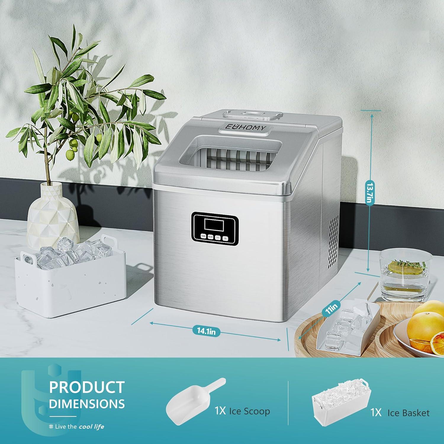 imageEUHOMY Countertop Ice Maker Machine 40Lbs24H Auto SelfCleaning 24 Pcs Ice13 Mins Portable Compact Ice Maker with Ice Scoop ampamp Basket Perfect for HomeKitchenOfficeBarSilver