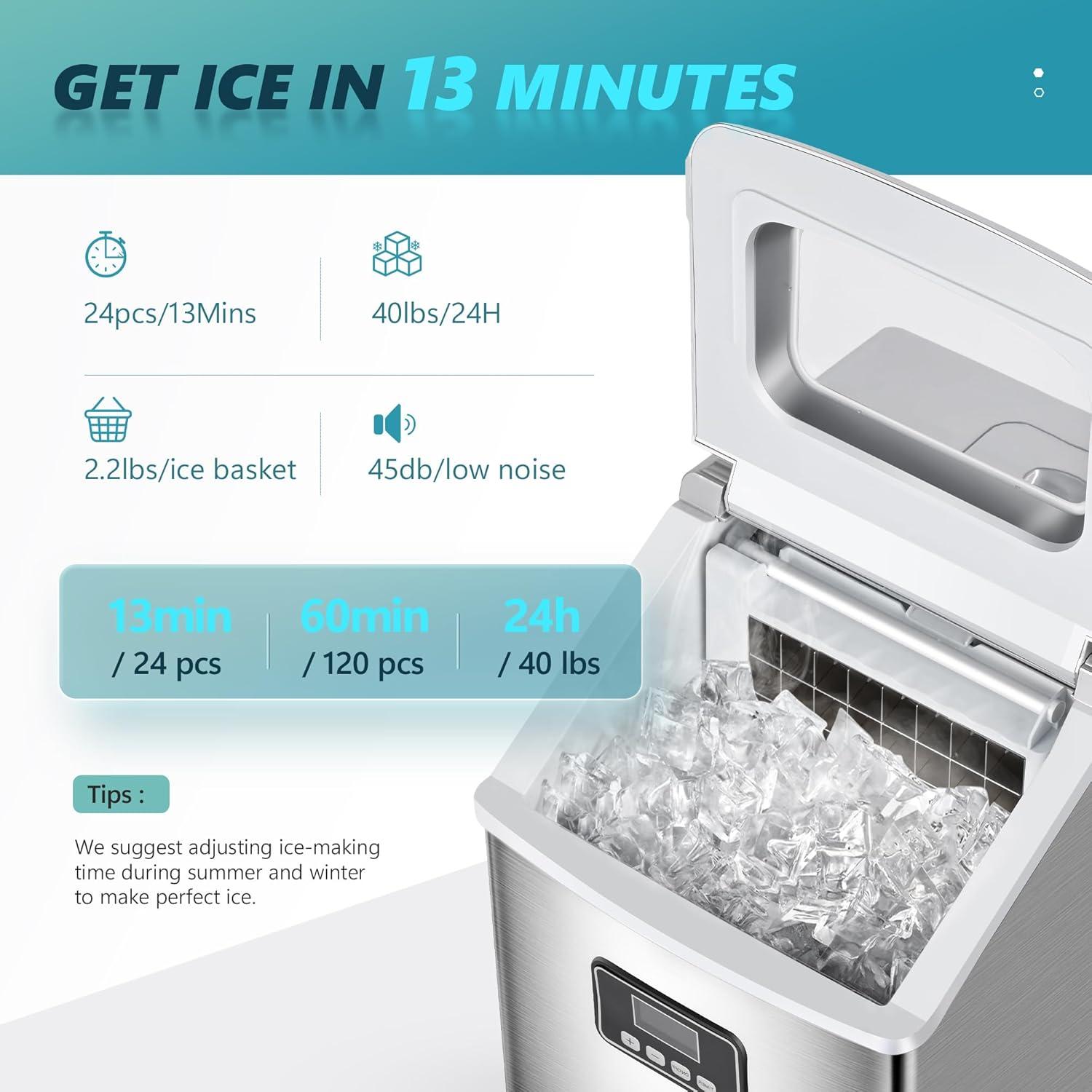 imageEUHOMY Countertop Ice Maker Machine 40Lbs24H Auto SelfCleaning 24 Pcs Ice13 Mins Portable Compact Ice Maker with Ice Scoop ampamp Basket Perfect for HomeKitchenOfficeBarSilver