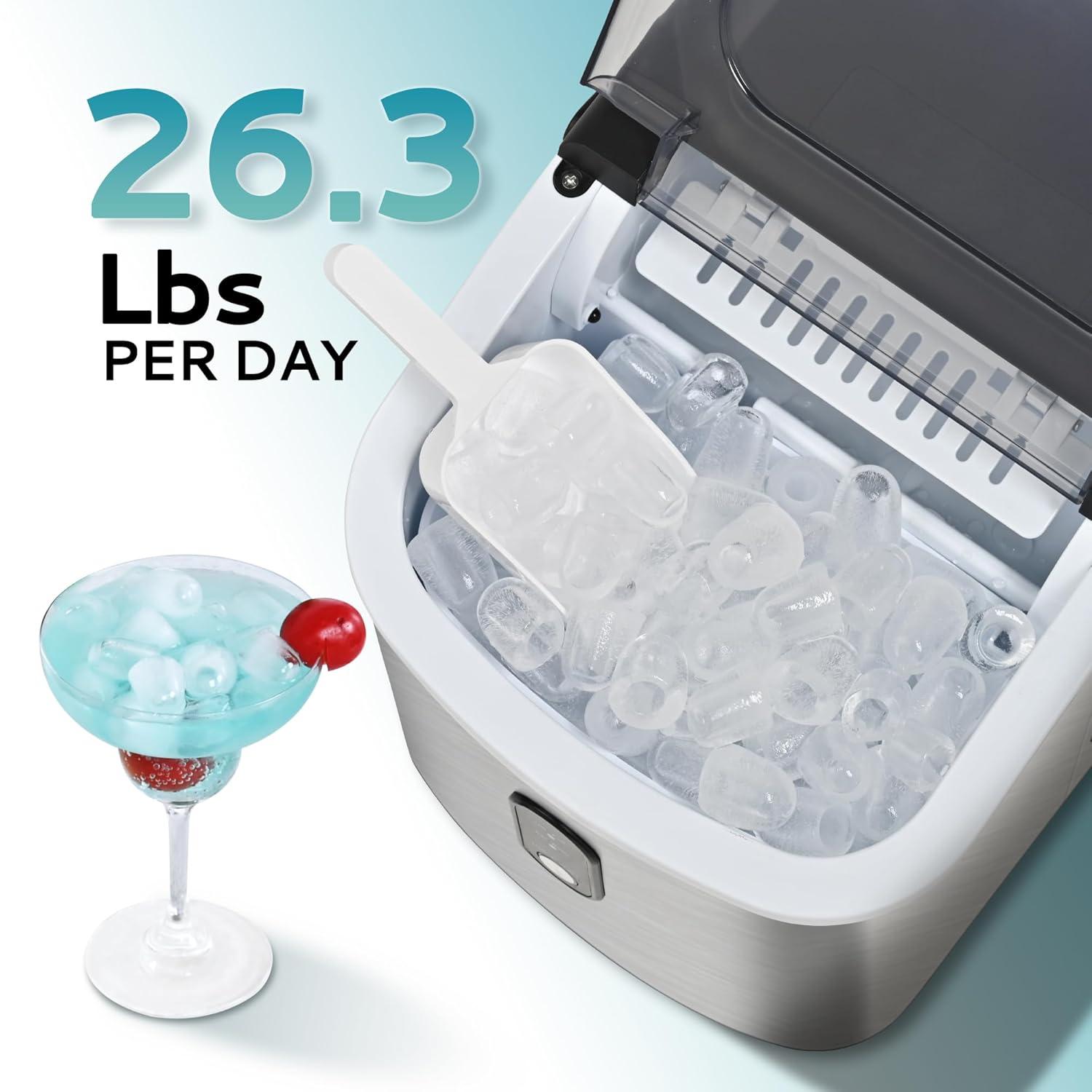 imageEUHOMY Countertop Ice Maker Machine with Handle 263lbs Per Day 9 Cubes in 6 Mins AutoCleaning Portable Ice Maker with Basket and Scoop for HomeKitchenCampingRV SilverSteel Grey Silver