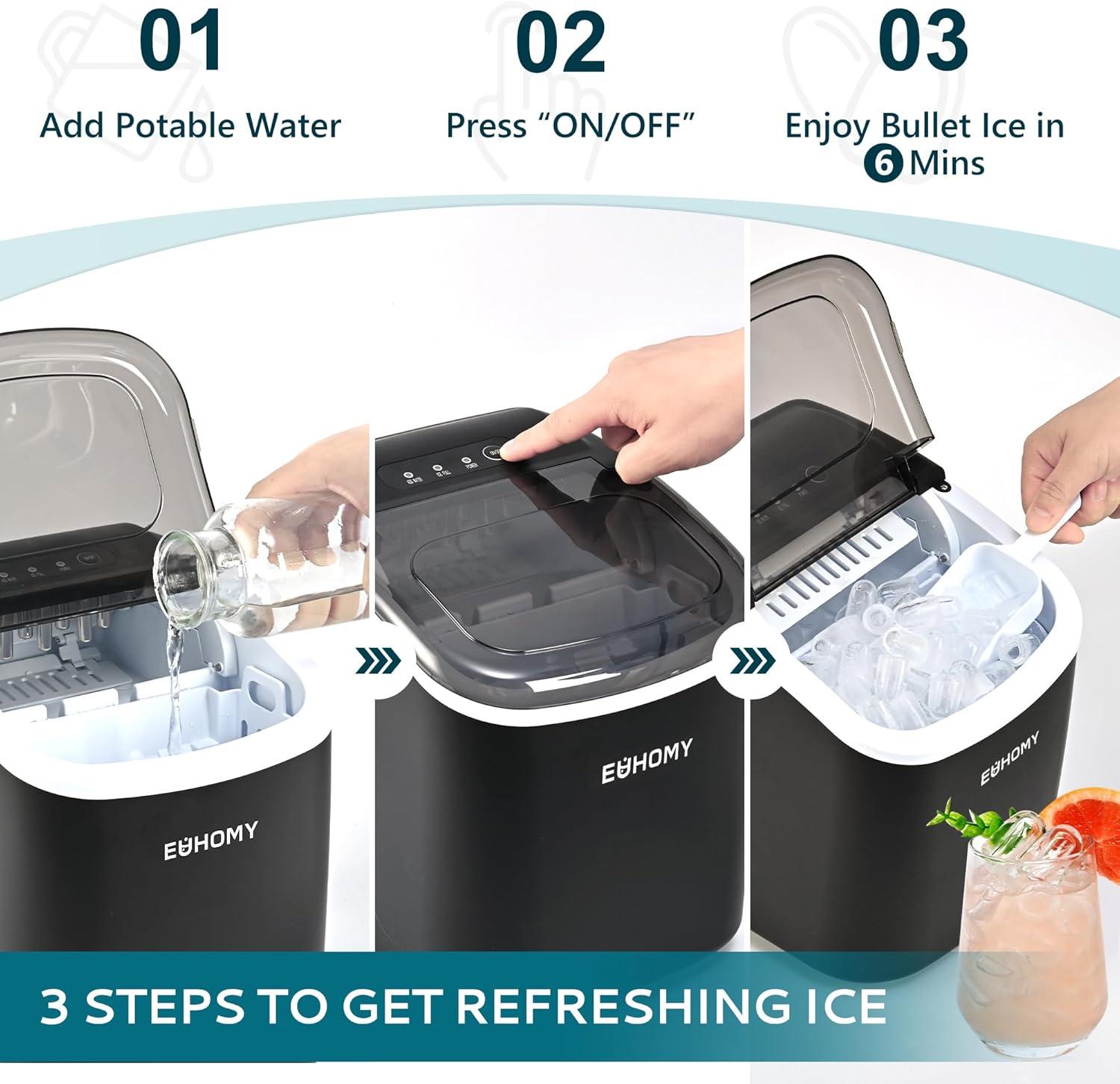 imageEUHOMY Countertop Ice Maker Machine with Handle 264lbs Per Day 9 Ice Cubes Ready in 6 Mins AutoCleaning Portable Ice Maker with Basket and Scoop for HomeKitchenCampingRV Black