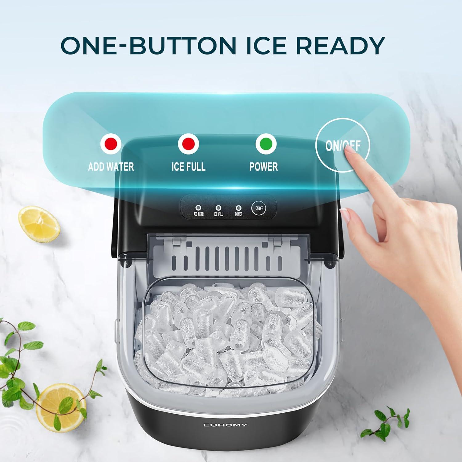 imageEUHOMY Countertop Ice Maker Machine with Handle 264lbs Per Day 9 Ice Cubes Ready in 6 Mins AutoCleaning Portable Ice Maker with Basket and Scoop for HomeKitchenCampingRV Black