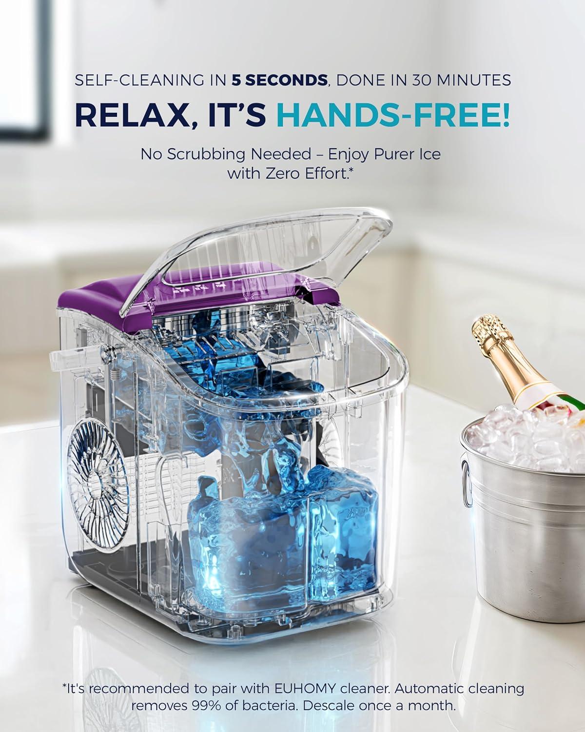 imageEUHOMY Countertop Ice Maker Machine with Handle 26lbs in 24Hrs 9 Ice Cubes Ready in 6 Mins AutoCleaning Portable Ice Maker with Basket and Scoop for HomeKitchenCampingRV BlackPurple