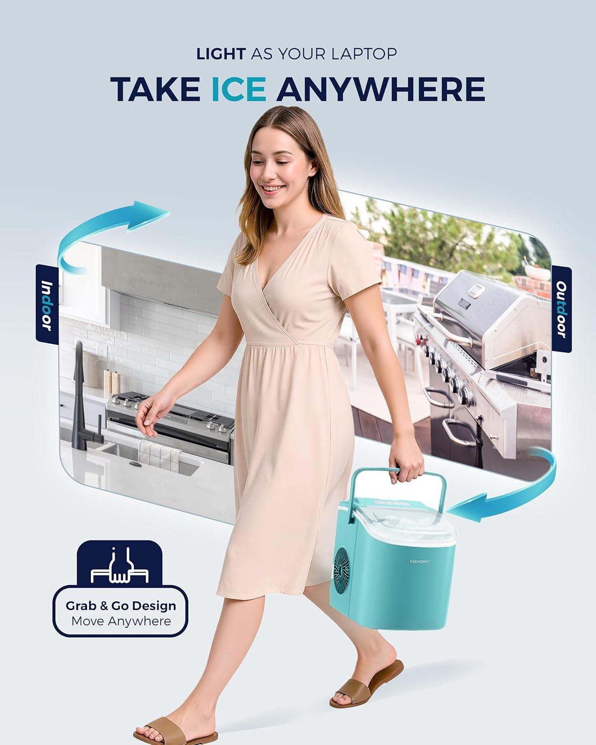 imageEUHOMY Countertop Ice Maker Machine with Handle 26lbs in 24Hrs 9 Ice Cubes Ready in 6 Mins AutoCleaning Portable Ice Maker with Basket and Scoop for HomeKitchenCampingRV BlackGreen