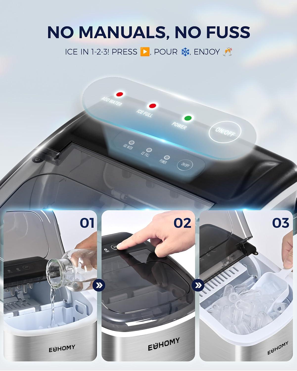 imageEUHOMY Countertop Ice Maker Machine with Handle 26lbs in 24Hrs 9 Ice Cubes Ready in 6 Mins AutoCleaning Portable Ice Maker with Basket and Scoop for HomeKitchenCampingRV BlackLight Grey