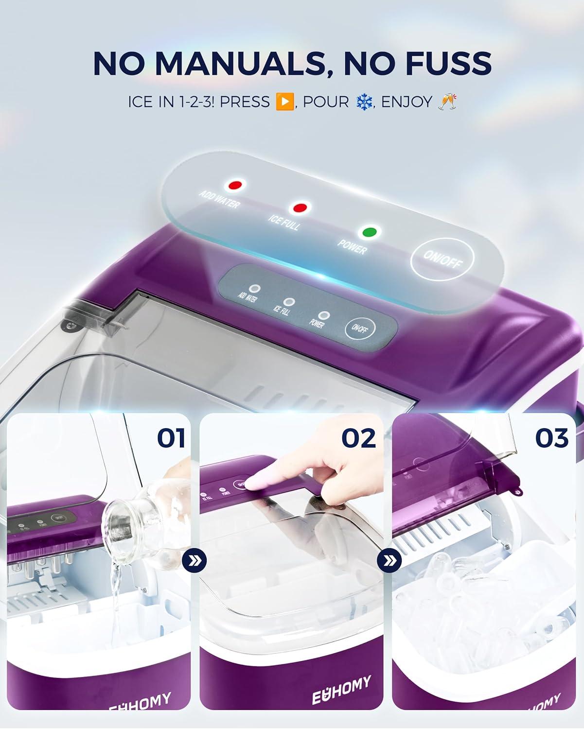 imageEUHOMY Countertop Ice Maker Machine with Handle 26lbs in 24Hrs 9 Ice Cubes Ready in 6 Mins AutoCleaning Portable Ice Maker with Basket and Scoop for HomeKitchenCampingRV BlackPurple