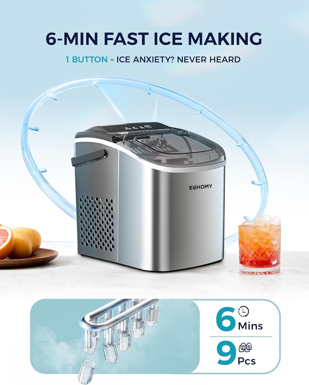 imageEUHOMY Countertop Ice Maker Machine with Handle 26lbs in 24Hrs 9 Ice Cubes Ready in 6 Mins AutoCleaning Portable Ice Maker with Basket and Scoop for HomeKitchenCampingRV BlackLight Grey