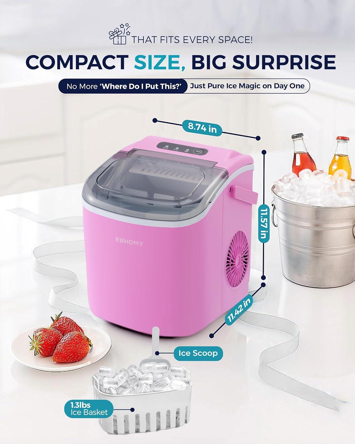 imageEUHOMY Countertop Ice Maker Machine with Handle 26lbs in 24Hrs 9 Ice Cubes Ready in 6 Mins AutoCleaning Portable Ice Maker with Basket and Scoop for HomeKitchenCampingRV BlackPink