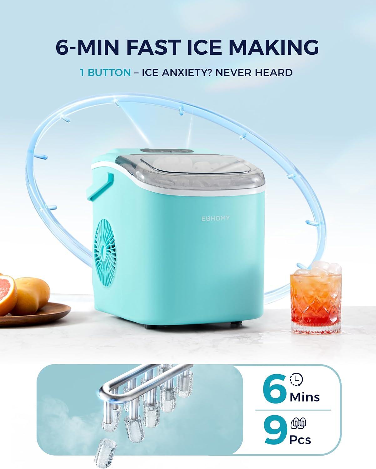 imageEUHOMY Countertop Ice Maker Machine with Handle 26lbs in 24Hrs 9 Ice Cubes Ready in 6 Mins AutoCleaning Portable Ice Maker with Basket and Scoop for HomeKitchenCampingRV BlackGreen