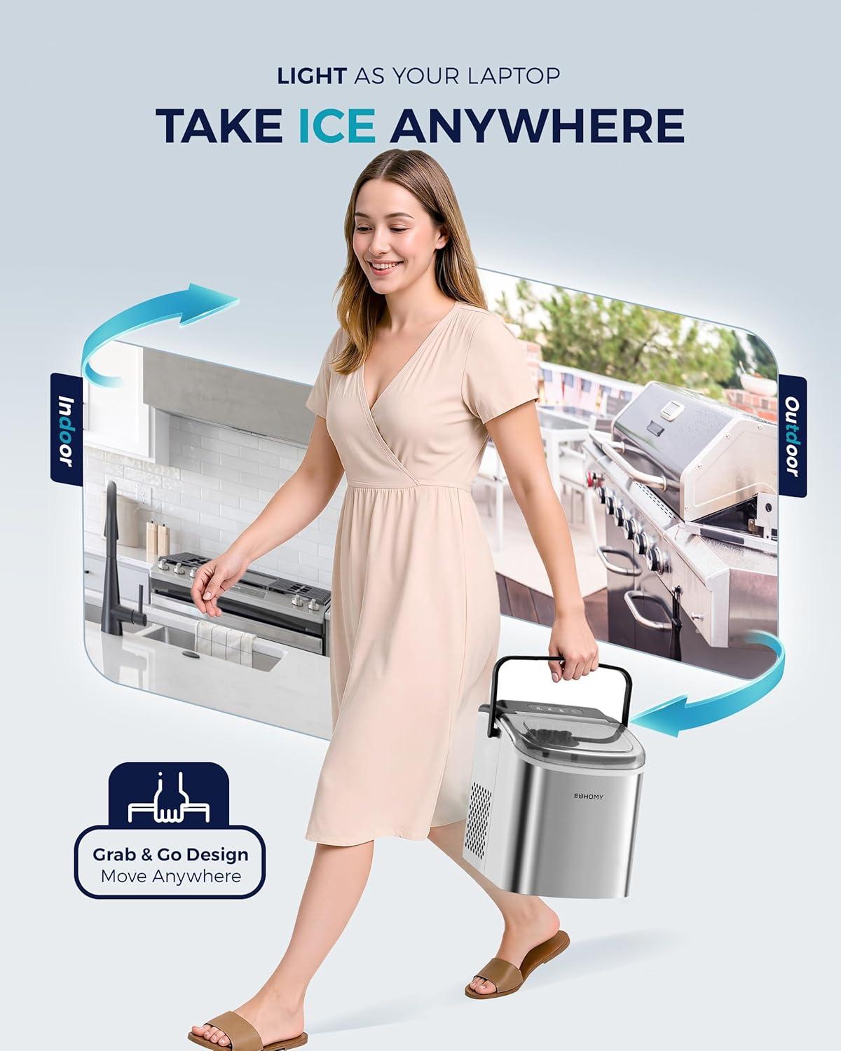 imageEUHOMY Countertop Ice Maker Machine with Handle 26lbs in 24Hrs 9 Ice Cubes Ready in 6 Mins AutoCleaning Portable Ice Maker with Basket and Scoop for HomeKitchenCampingRV BlackLight Grey