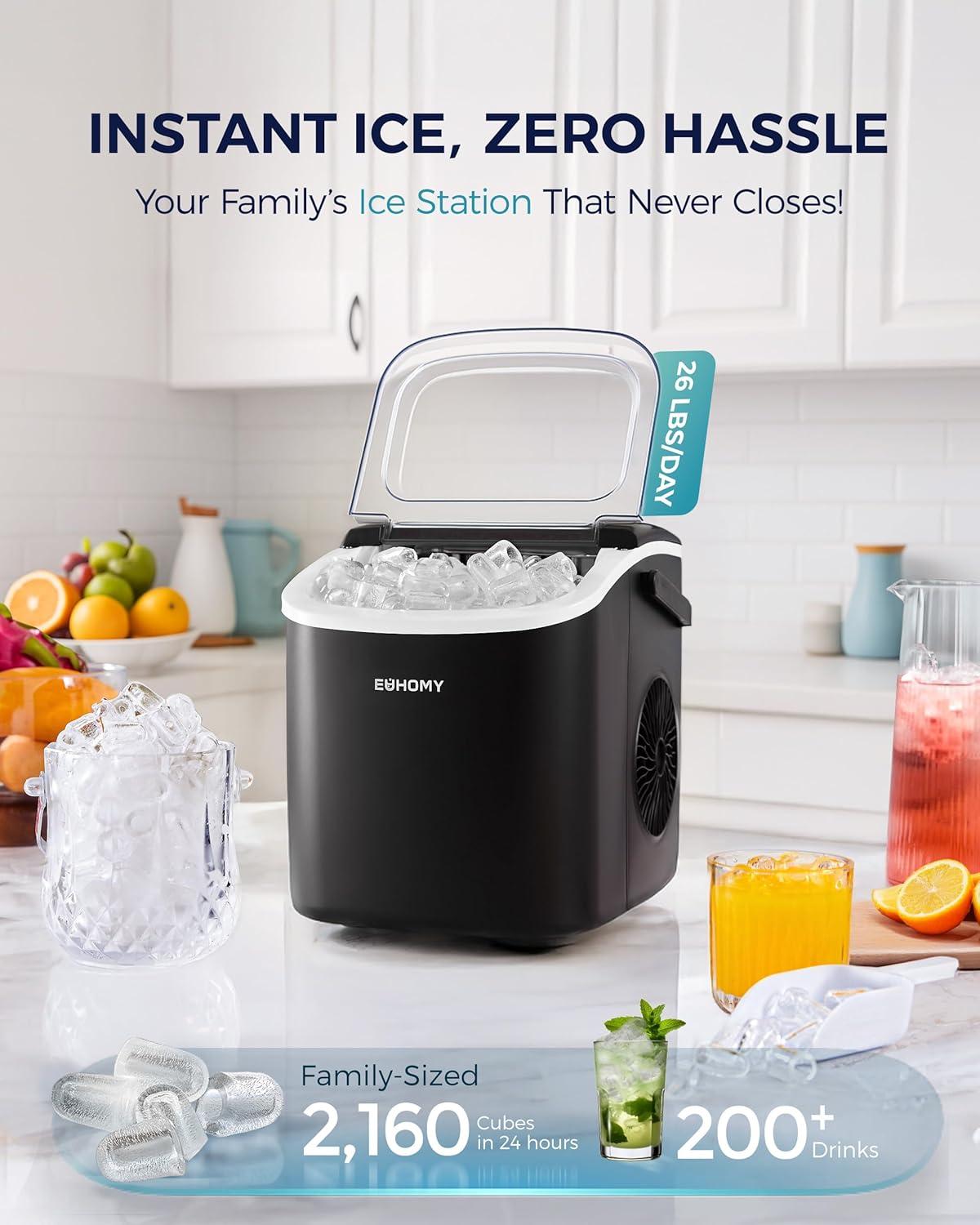 imageEUHOMY Countertop Ice Maker Machine with Handle 26lbs in 24Hrs 9 Ice Cubes Ready in 6 Mins AutoCleaning Portable Ice Maker with Basket and Scoop for HomeKitchenCampingRV BlackBlack