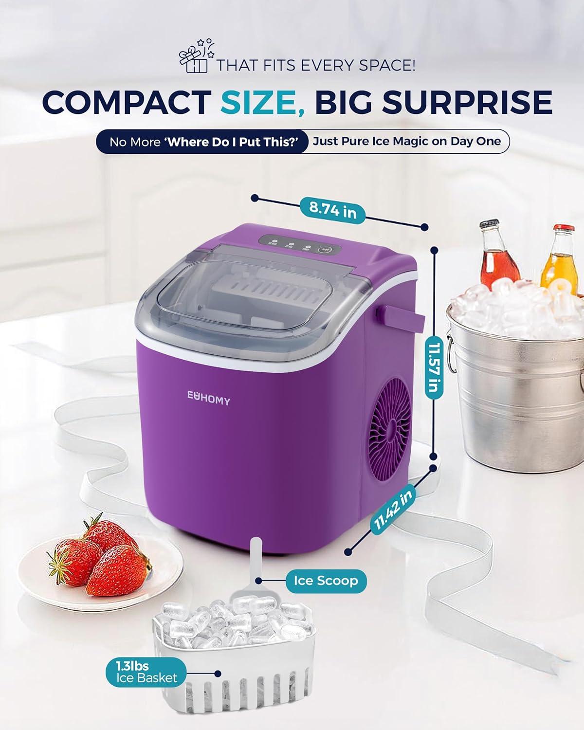 imageEUHOMY Countertop Ice Maker Machine with Handle 26lbs in 24Hrs 9 Ice Cubes Ready in 6 Mins AutoCleaning Portable Ice Maker with Basket and Scoop for HomeKitchenCampingRV BlackPurple