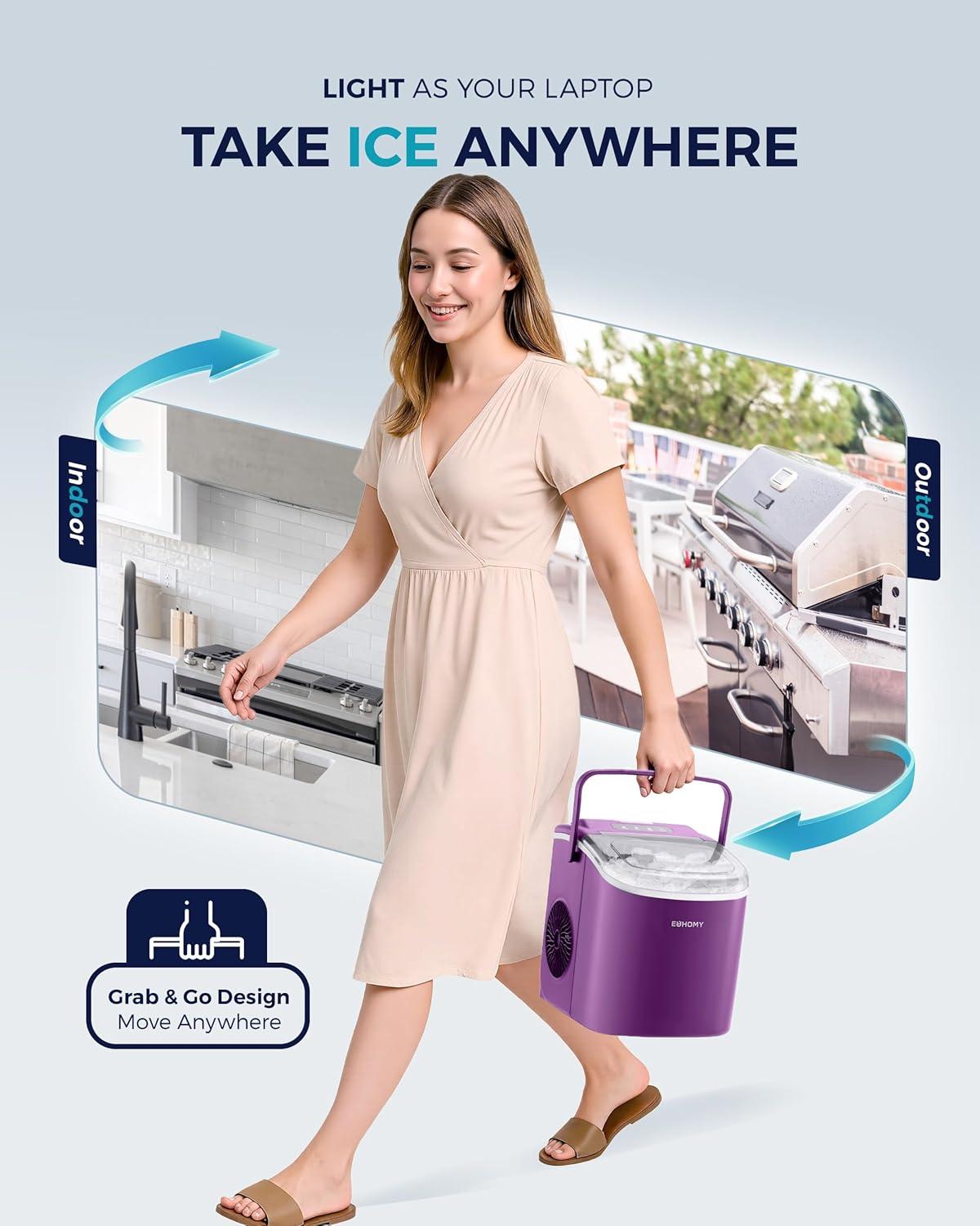 imageEUHOMY Countertop Ice Maker Machine with Handle 26lbs in 24Hrs 9 Ice Cubes Ready in 6 Mins AutoCleaning Portable Ice Maker with Basket and Scoop for HomeKitchenCampingRV BlackPurple