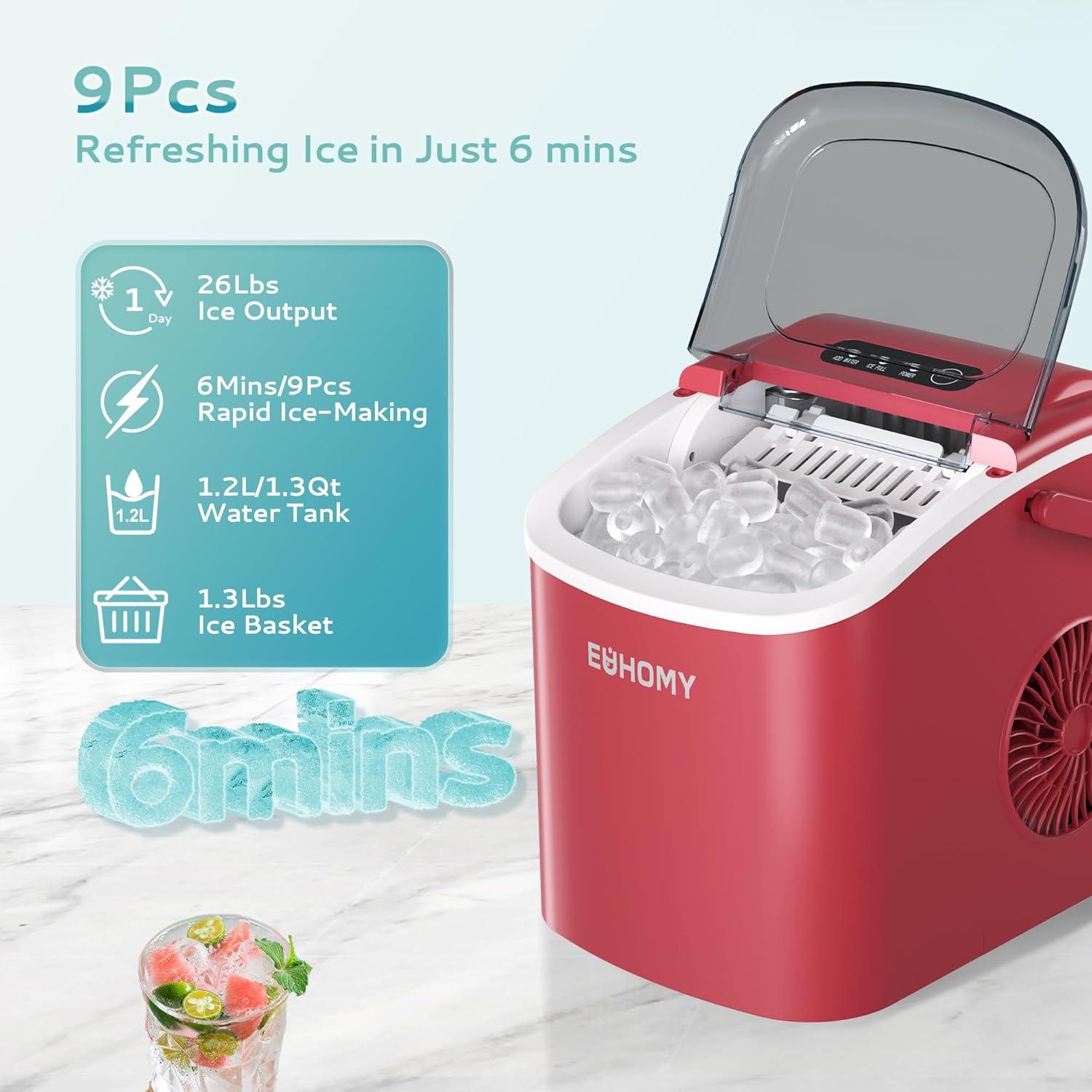 imageEUHOMY Countertop Ice Maker Machine with Handle 26lbs in 24Hrs 9 Ice Cubes Ready in 6 Mins AutoCleaning Portable Ice Maker with Basket and Scoop for HomeKitchenCampingRV BlackRed