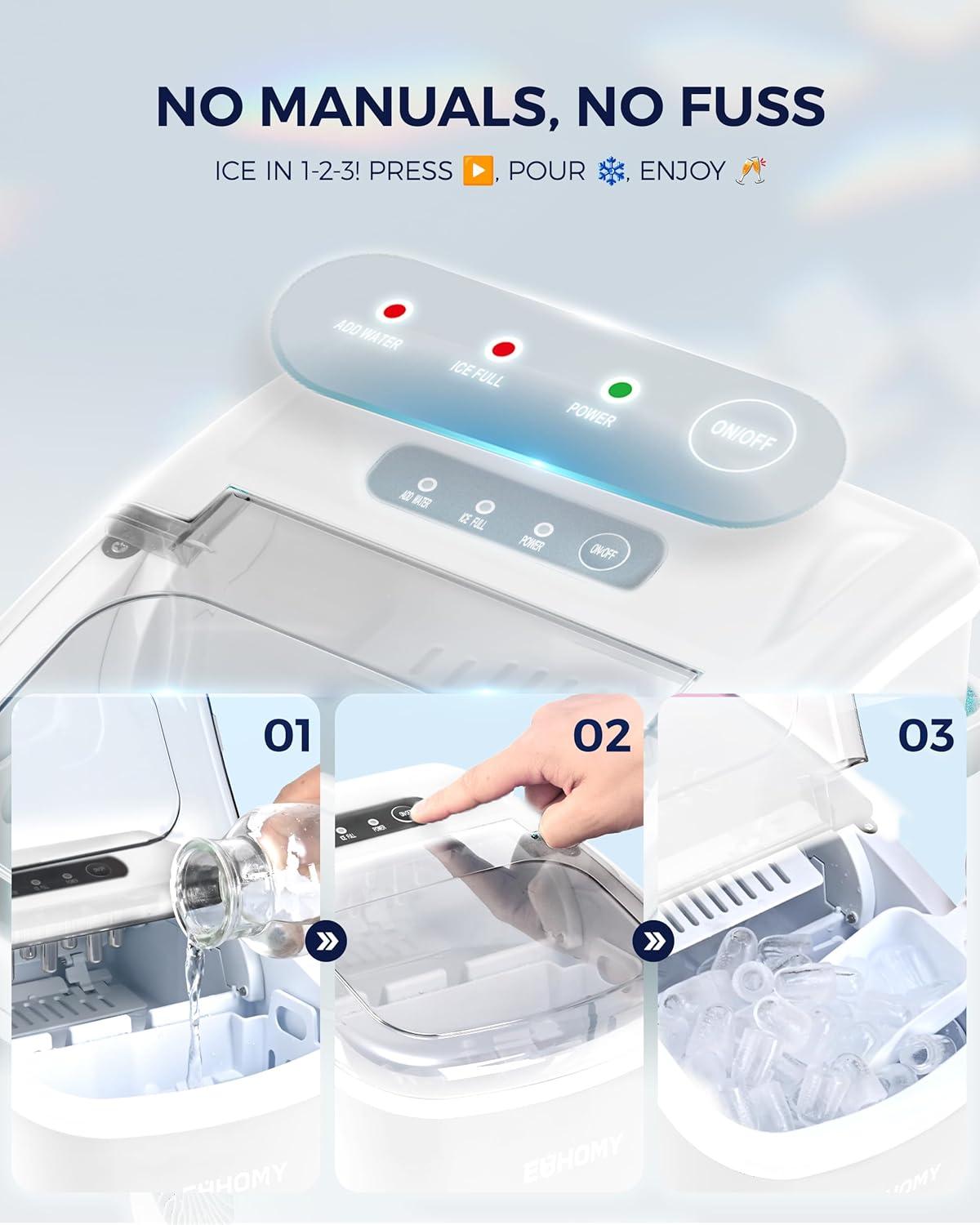 imageEUHOMY Countertop Ice Maker Machine with Handle 26lbs in 24Hrs 9 Ice Cubes Ready in 6 Mins AutoCleaning Portable Ice Maker with Basket and Scoop for HomeKitchenCampingRV BlackWhite