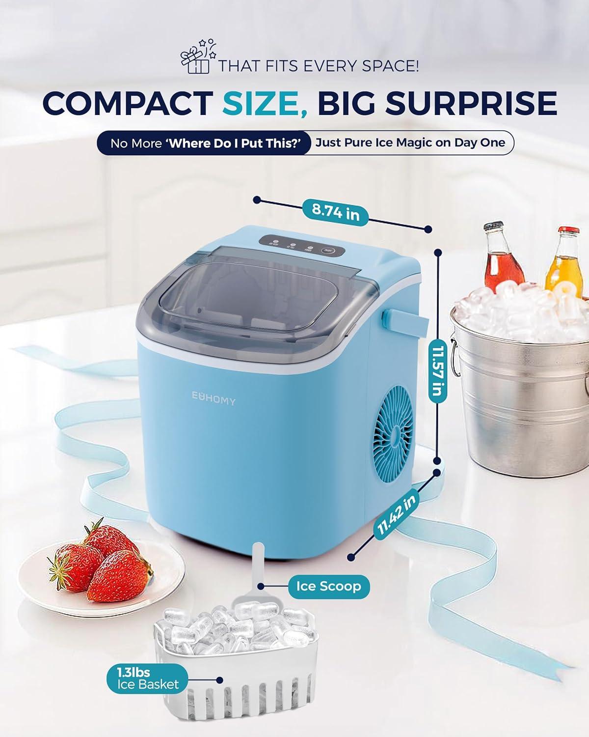 imageEUHOMY Countertop Ice Maker Machine with Handle 26lbs in 24Hrs 9 Ice Cubes Ready in 6 Mins AutoCleaning Portable Ice Maker with Basket and Scoop for HomeKitchenCampingRV BlackBlue