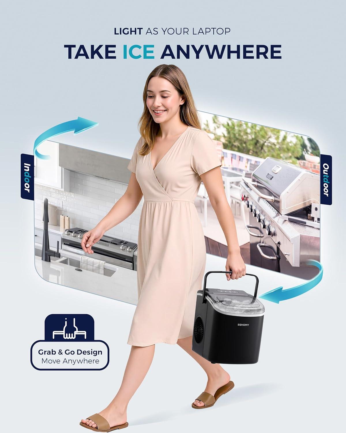 imageEUHOMY Countertop Ice Maker Machine with Handle 26lbs in 24Hrs 9 Ice Cubes Ready in 6 Mins AutoCleaning Portable Ice Maker with Basket and Scoop for HomeKitchenCampingRV BlackBlack