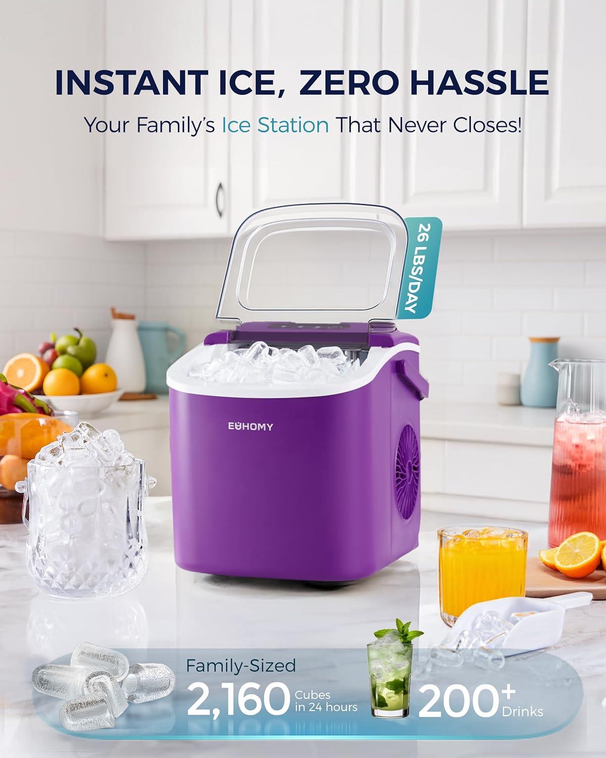 imageEUHOMY Countertop Ice Maker Machine with Handle 26lbs in 24Hrs 9 Ice Cubes Ready in 6 Mins AutoCleaning Portable Ice Maker with Basket and Scoop for HomeKitchenCampingRV BlackPurple