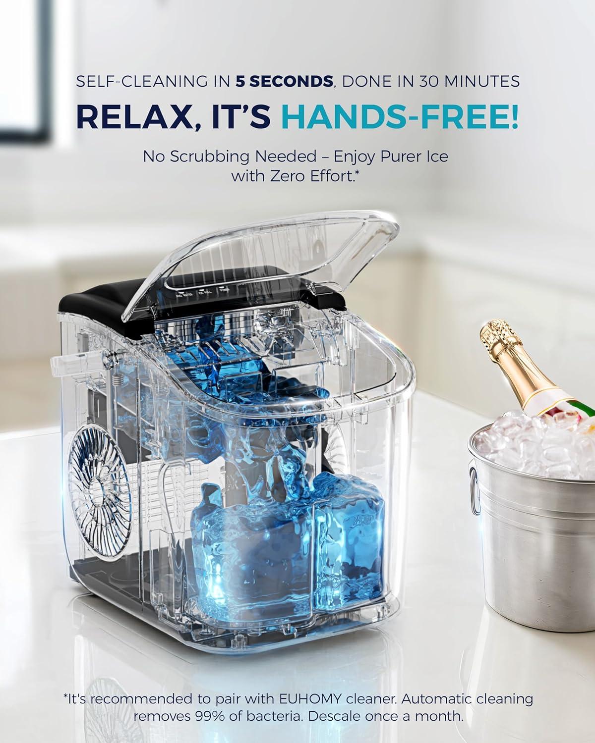 imageEUHOMY Countertop Ice Maker Machine with Handle 26lbs in 24Hrs 9 Ice Cubes Ready in 6 Mins AutoCleaning Portable Ice Maker with Basket and Scoop for HomeKitchenCampingRV BlackBlack