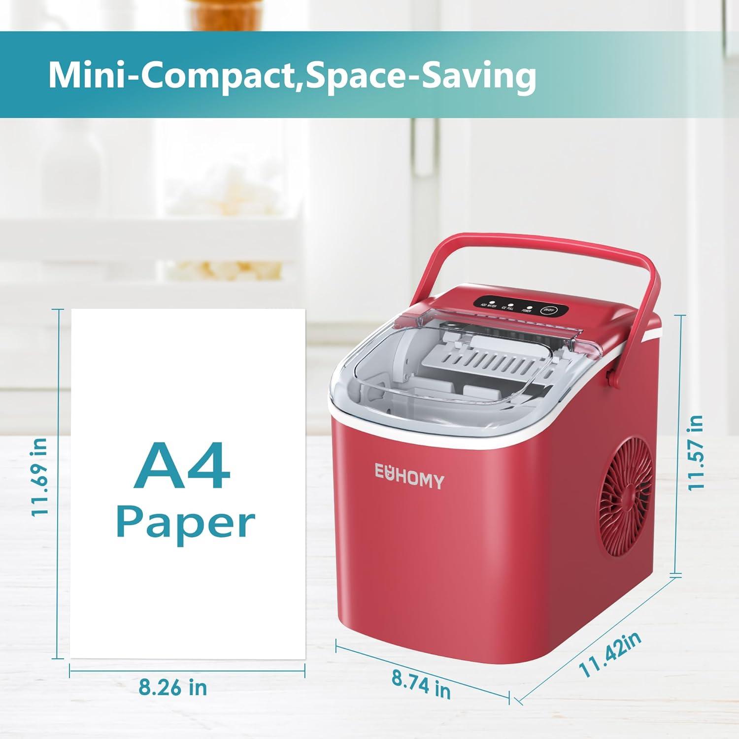 imageEUHOMY Countertop Ice Maker Machine with Handle 26lbs in 24Hrs 9 Ice Cubes Ready in 6 Mins AutoCleaning Portable Ice Maker with Basket and Scoop for HomeKitchenCampingRV BlackRed