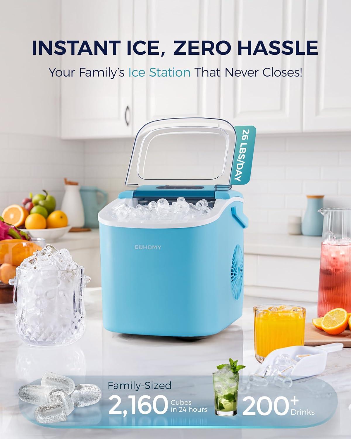 imageEUHOMY Countertop Ice Maker Machine with Handle 26lbs in 24Hrs 9 Ice Cubes Ready in 6 Mins AutoCleaning Portable Ice Maker with Basket and Scoop for HomeKitchenCampingRV BlackBlue