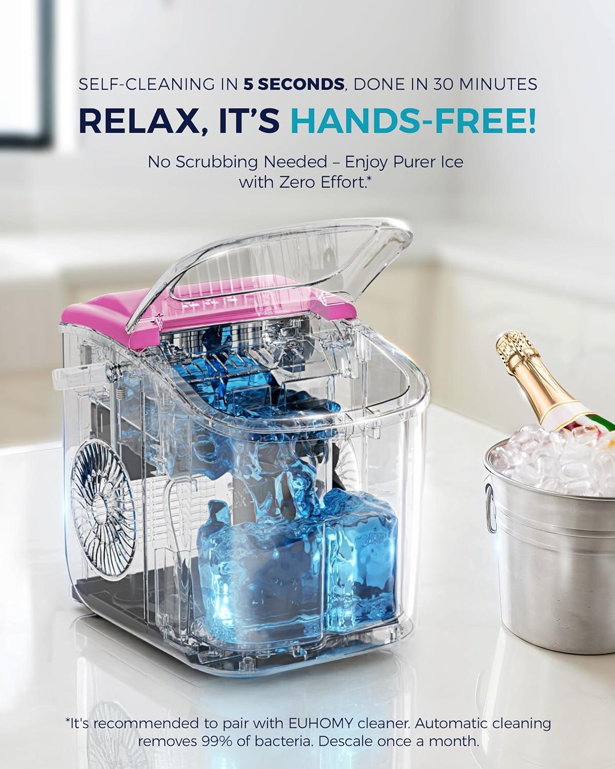 imageEUHOMY Countertop Ice Maker Machine with Handle 26lbs in 24Hrs 9 Ice Cubes Ready in 6 Mins AutoCleaning Portable Ice Maker with Basket and Scoop for HomeKitchenCampingRV BlackPink