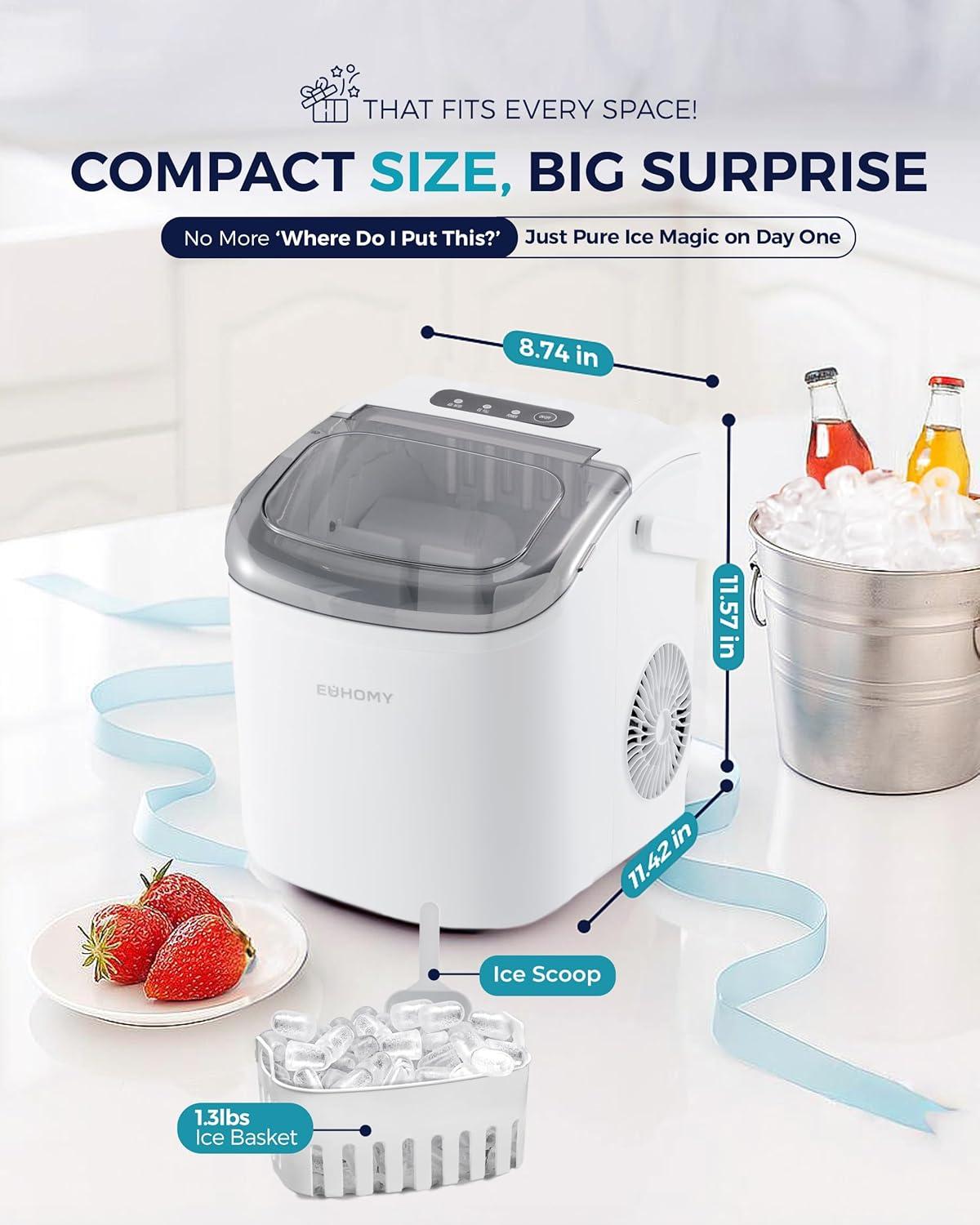 imageEUHOMY Countertop Ice Maker Machine with Handle 26lbs in 24Hrs 9 Ice Cubes Ready in 6 Mins AutoCleaning Portable Ice Maker with Basket and Scoop for HomeKitchenCampingRV BlackWhite