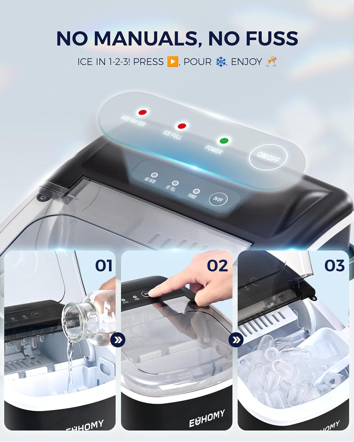 imageEUHOMY Countertop Ice Maker Machine with Handle 26lbs in 24Hrs 9 Ice Cubes Ready in 6 Mins AutoCleaning Portable Ice Maker with Basket and Scoop for HomeKitchenCampingRV BlackBlack
