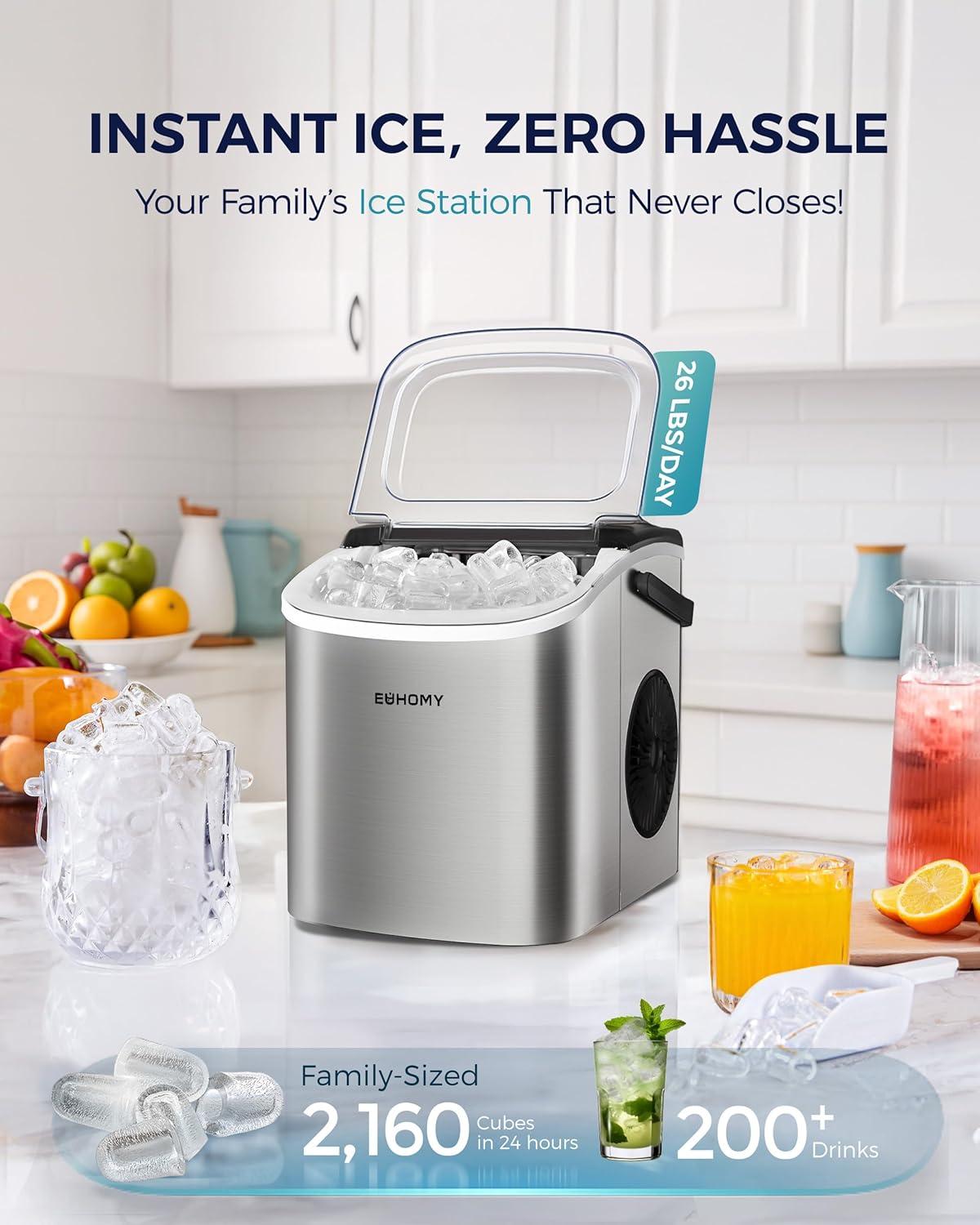 imageEUHOMY Countertop Ice Maker Machine with Handle 26lbs in 24Hrs 9 Ice Cubes Ready in 6 Mins AutoCleaning Portable Ice Maker with Basket and Scoop for HomeKitchenCampingRV BlackLight Grey