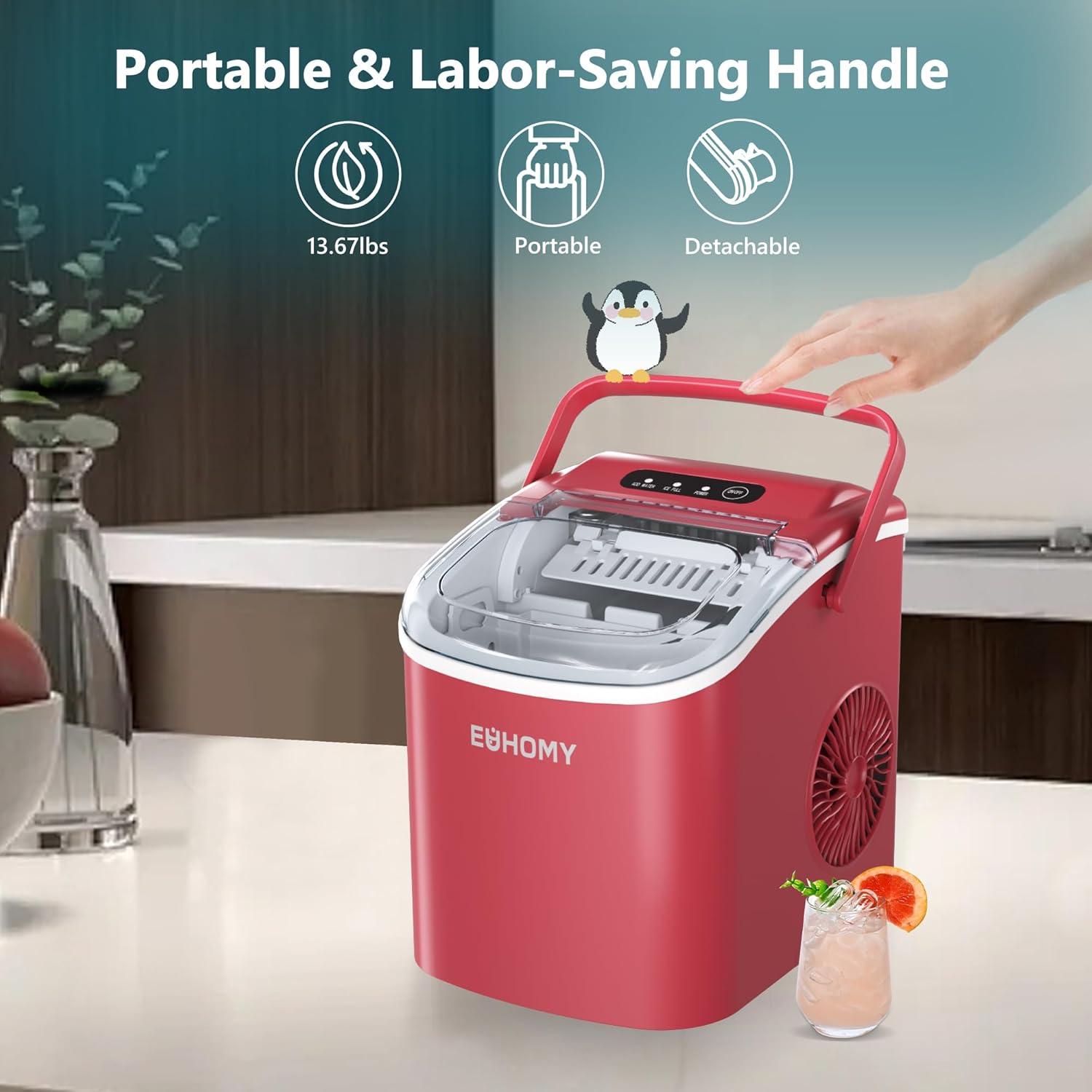 imageEUHOMY Countertop Ice Maker Machine with Handle 26lbs in 24Hrs 9 Ice Cubes Ready in 6 Mins AutoCleaning Portable Ice Maker with Basket and Scoop for HomeKitchenCampingRV BlackRed