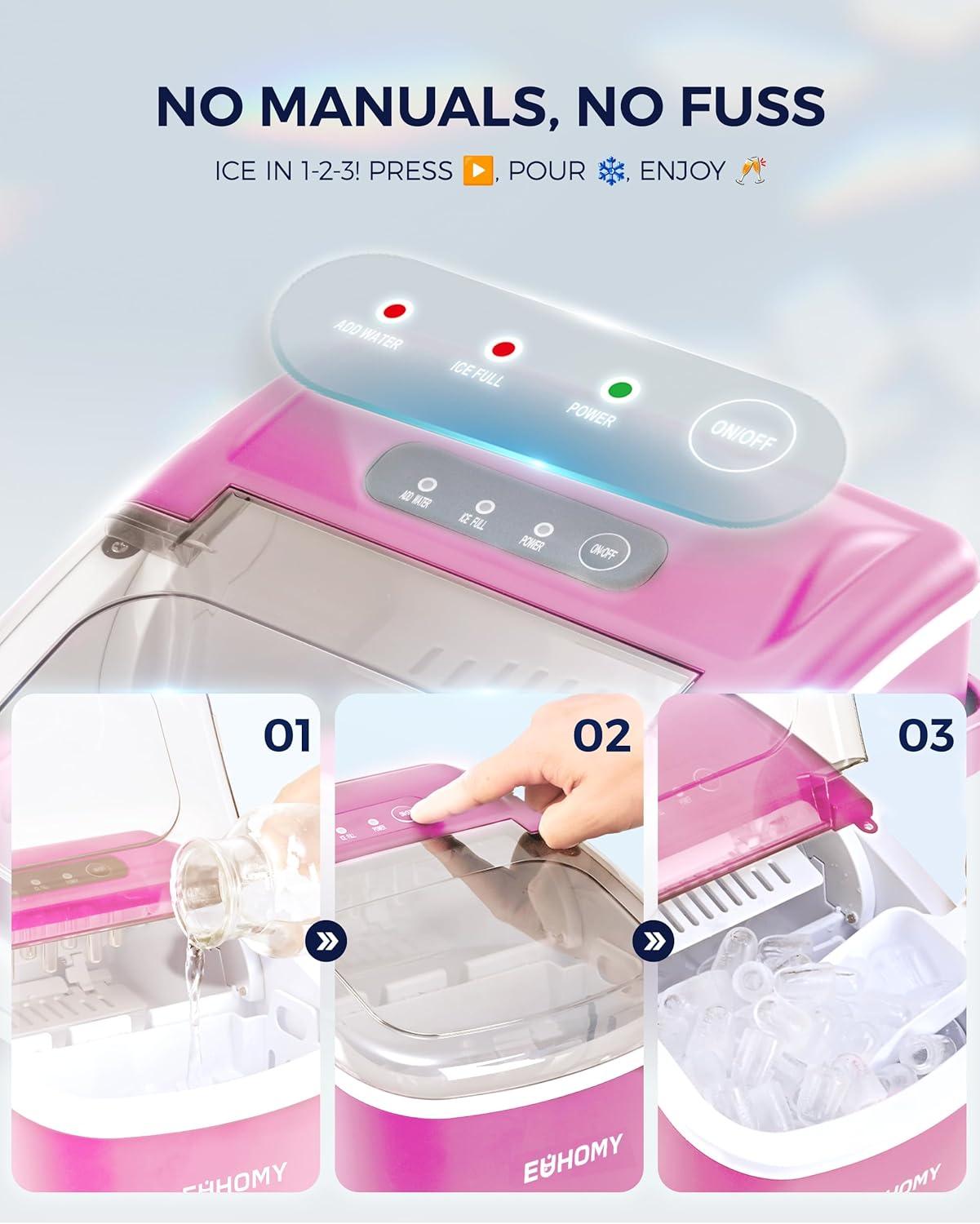 imageEUHOMY Countertop Ice Maker Machine with Handle 26lbs in 24Hrs 9 Ice Cubes Ready in 6 Mins AutoCleaning Portable Ice Maker with Basket and Scoop for HomeKitchenCampingRV BlackPink