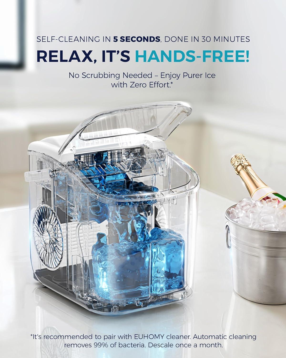 imageEUHOMY Countertop Ice Maker Machine with Handle 26lbs in 24Hrs 9 Ice Cubes Ready in 6 Mins AutoCleaning Portable Ice Maker with Basket and Scoop for HomeKitchenCampingRV BlackWhite