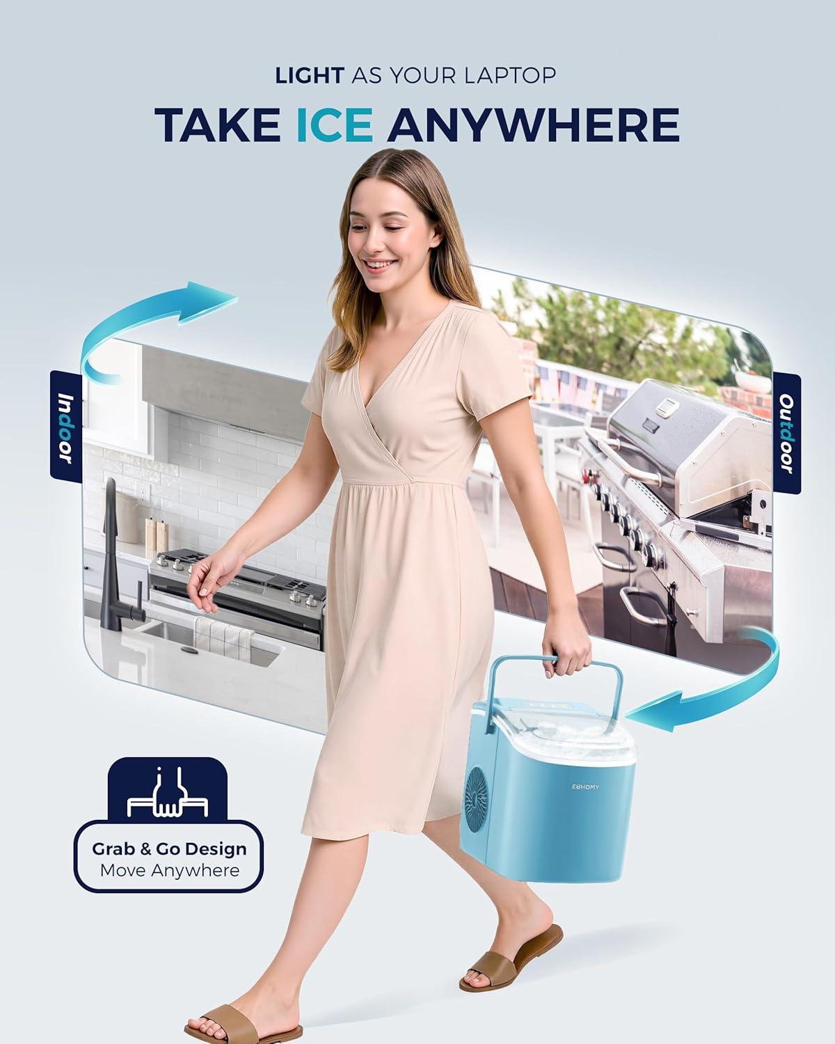 imageEUHOMY Countertop Ice Maker Machine with Handle 26lbs in 24Hrs 9 Ice Cubes Ready in 6 Mins AutoCleaning Portable Ice Maker with Basket and Scoop for HomeKitchenCampingRV BlackBlue